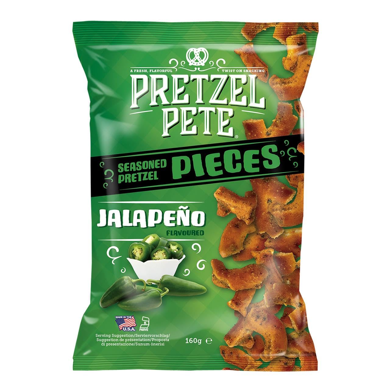 Pretzel Pete Jalapeno Seasoned Pretzel Pieces - Tasty Authentic American Healthy Crunchy Savoury Party Sharing Snack with No Artificial Flavours – 4 x 160g Packs