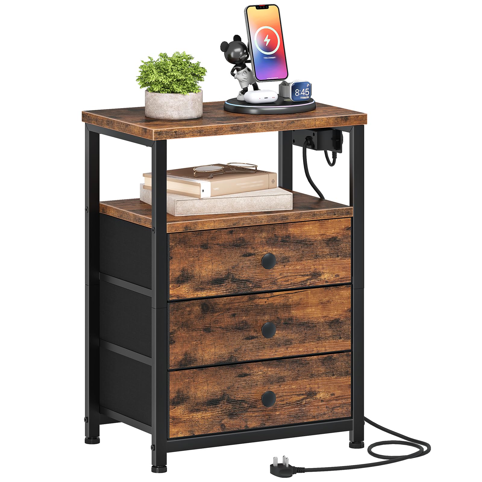 HOOBRO Bedside Table with Charging Station, End Table with 3 Fabric Drawers, Sofa Side Table with USB Ports and Socket, Nightstand for Bedroom, Living Room, Rustic Brown and Black EBF403KBZ01-image-41