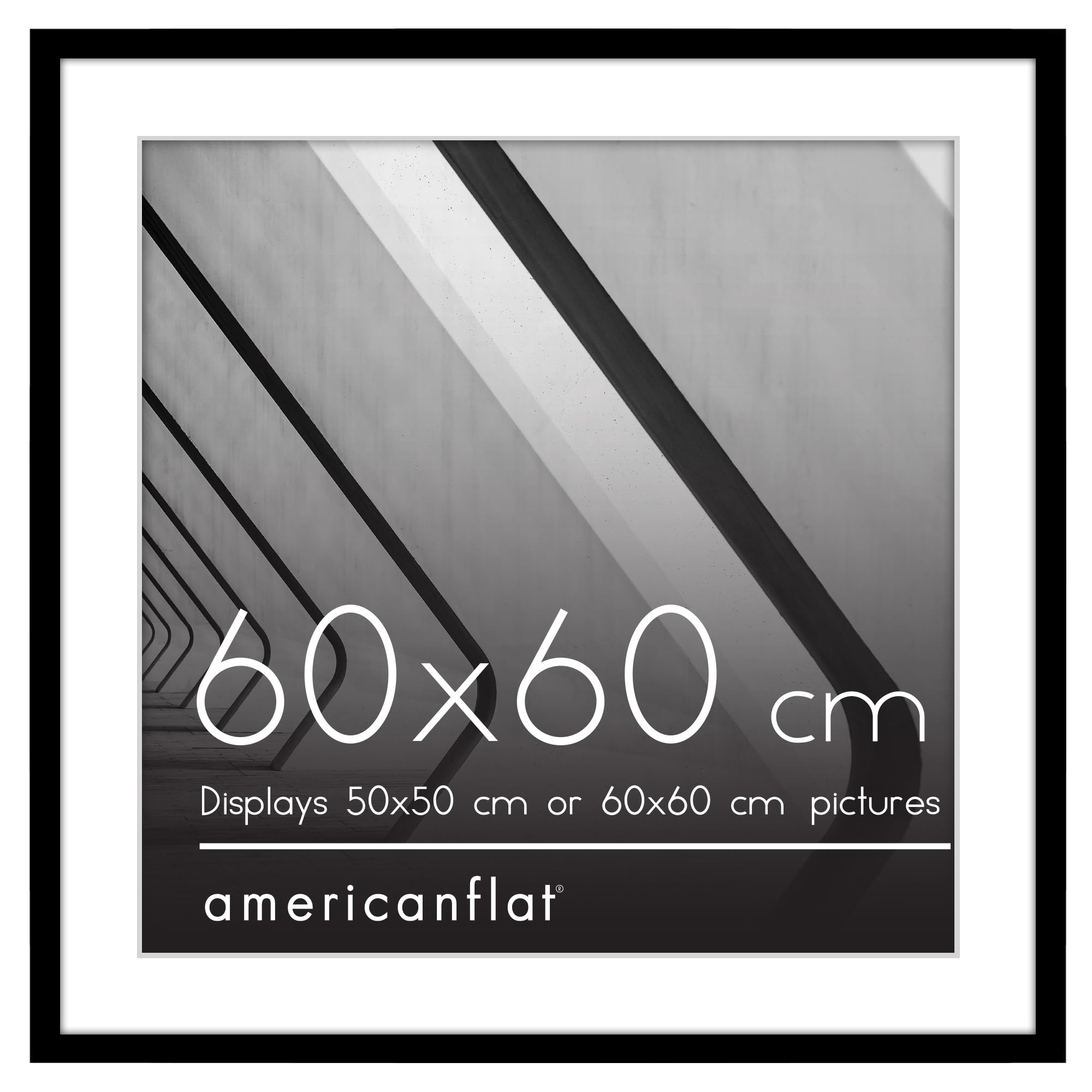 Americanflat 60x60 cm Picture Frame with Polished Plexi Cover - Use as 50x50 cm Wall Photo Frame with Mount or Display 60x60 cm Photo without Mount - Streamline Collection - Black