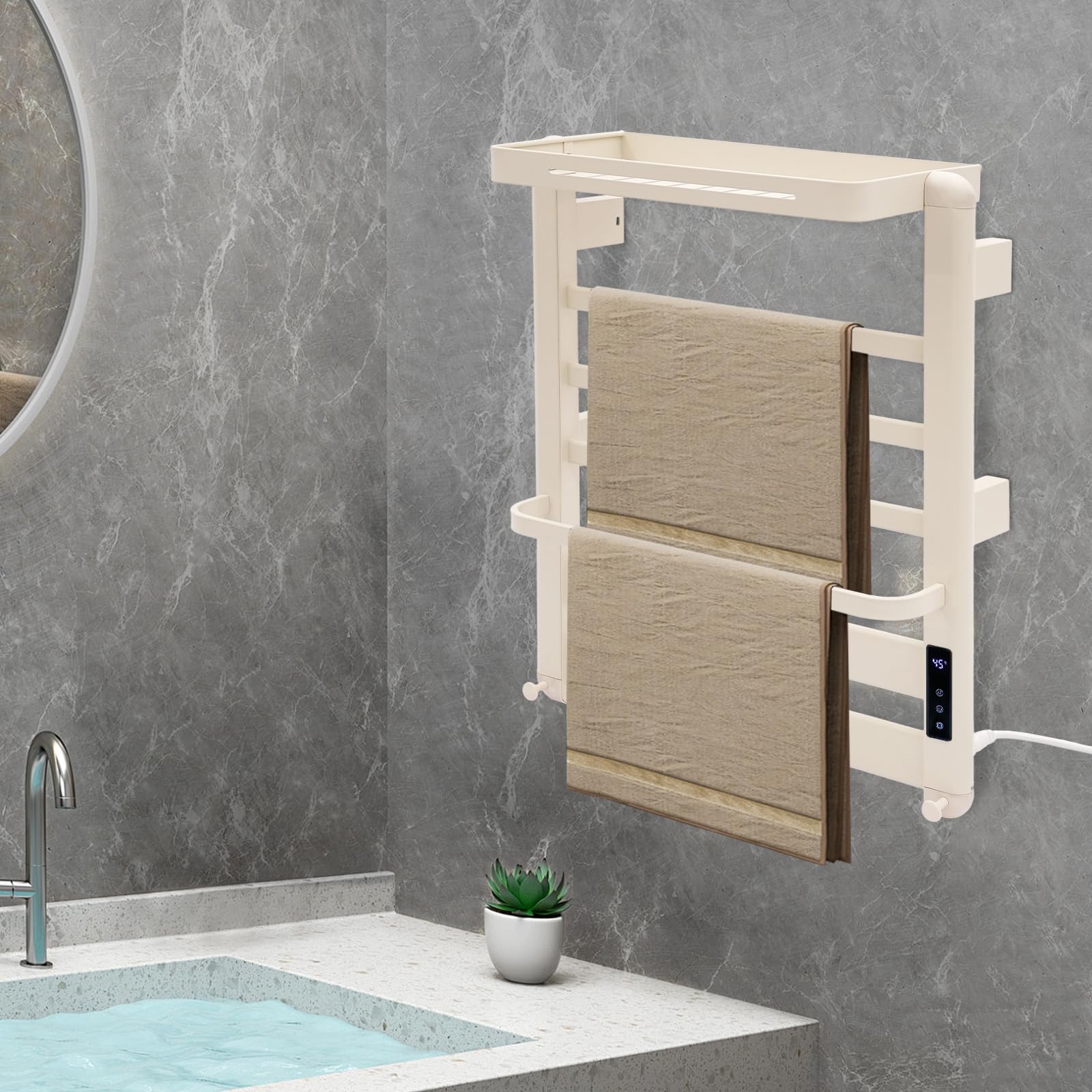 Scaldasalviette elettrico, 50 x 60 cm, montato a parete, con controllo touchscreen, riscaldamento rapido e intelligente con temperatura costante per bagno, hotel e spa