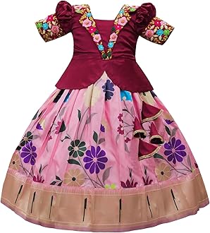 White Button Satin New South Indian Traditional Collar Digital Pattu Pavadai Readymade Lehenga Choli For Girl's Dress