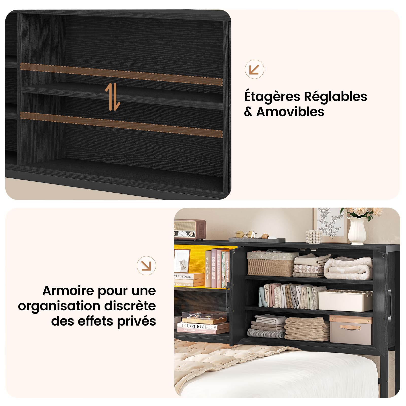 KIMENICH Canapé lit 90 x 190 avec 2 Tiroirs, Lit 90x190 avec Éclairage LED Réglable, Multiprise, 5 Niches Ouvertes, Compartiment Caché, Armoire avec Porte, Tête de Lit Capitonnée en Lin Gris, Noir