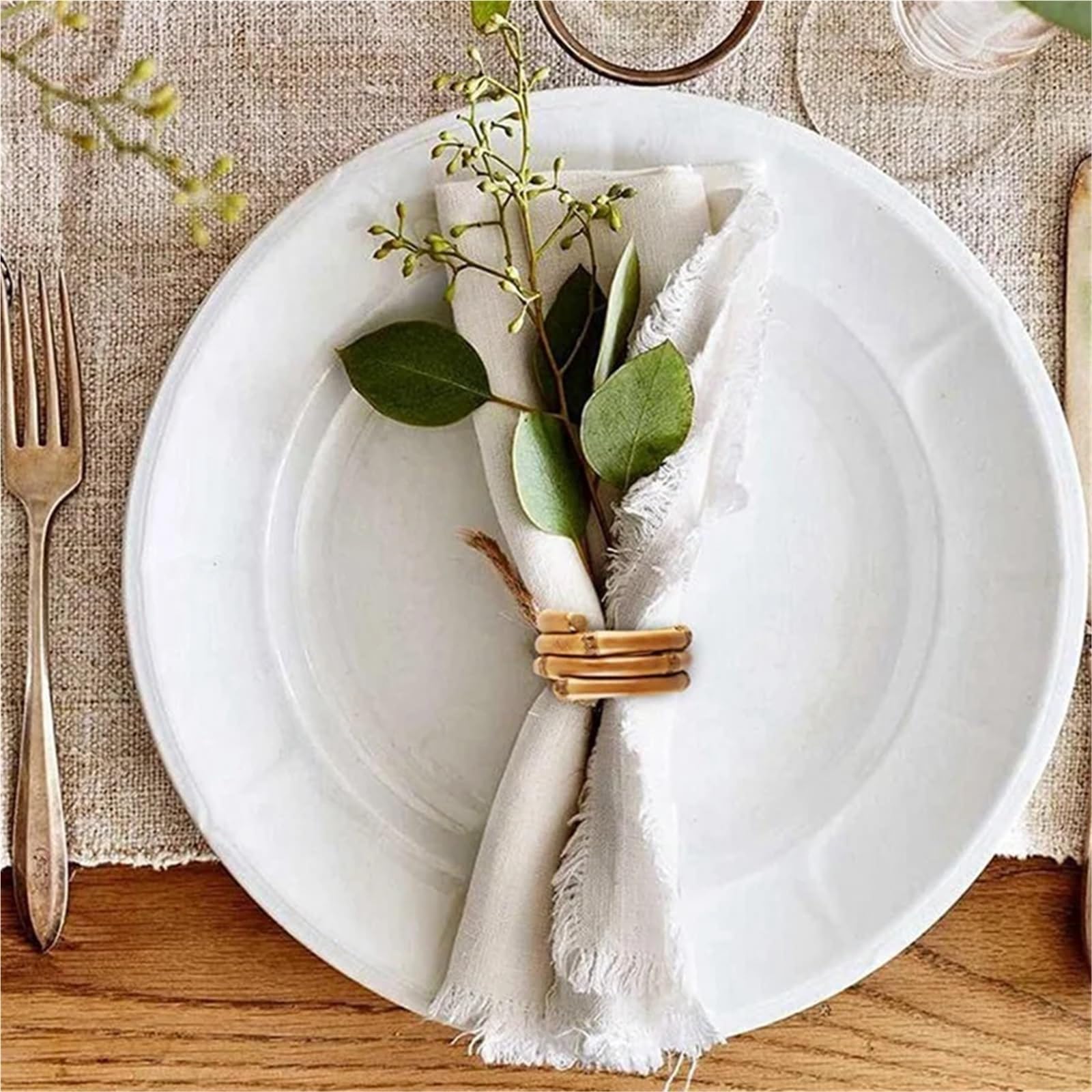 Lot de 12 ronds de serviette en bambou naturel rustique, décorations de table faites à la main