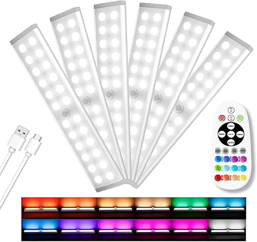 Miniatura 8 de 58 luces LED para debajo del gabinete, luz recargable con sensor de movimiento RGB para interiores con control remoto, paquete de 2 luces