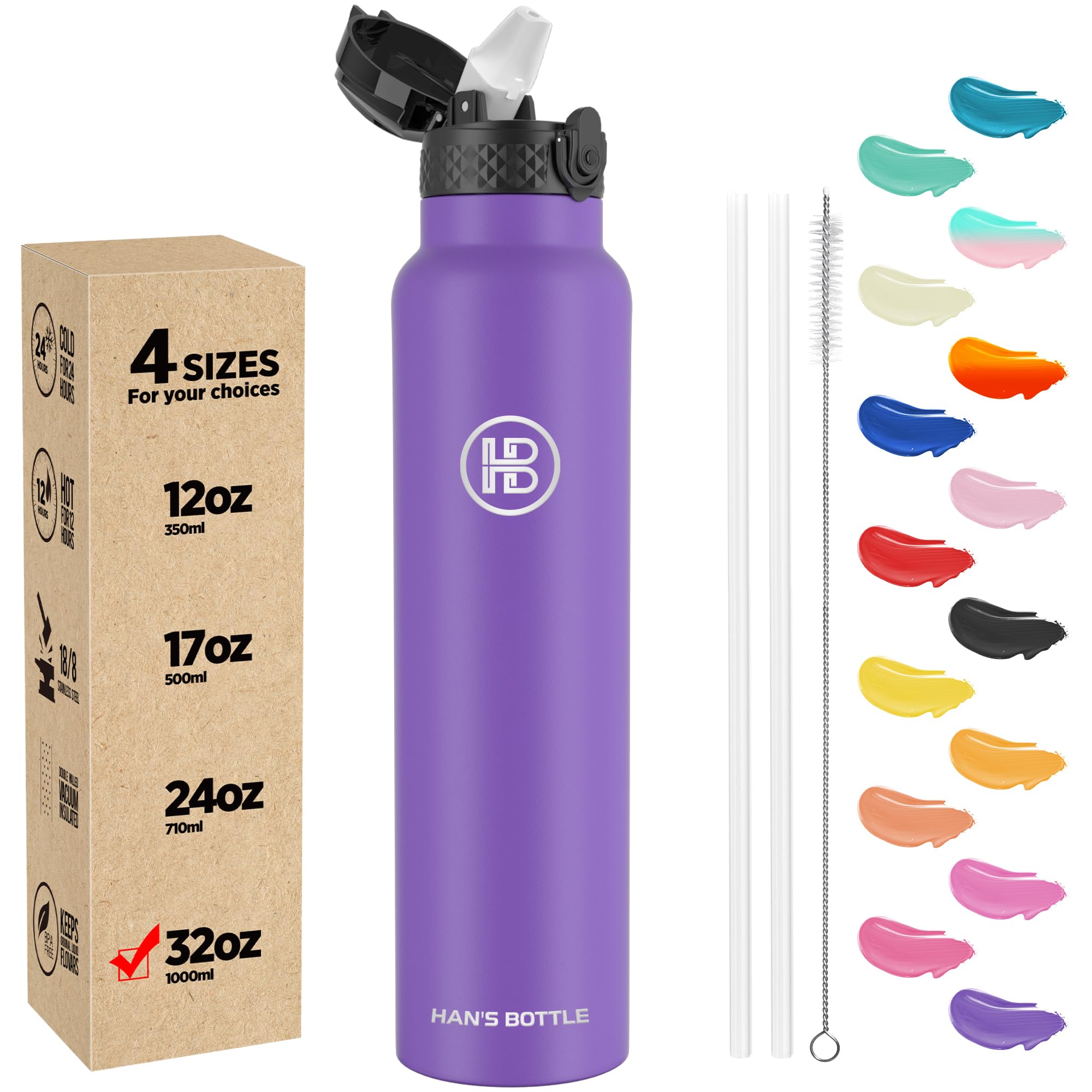 han's bottle Sports Water Bottle - 32 Oz, Straw Lid, Leak Proof, Vacuum Insulated Stainless Steel, Double Walled, Thermo Mug,Purple