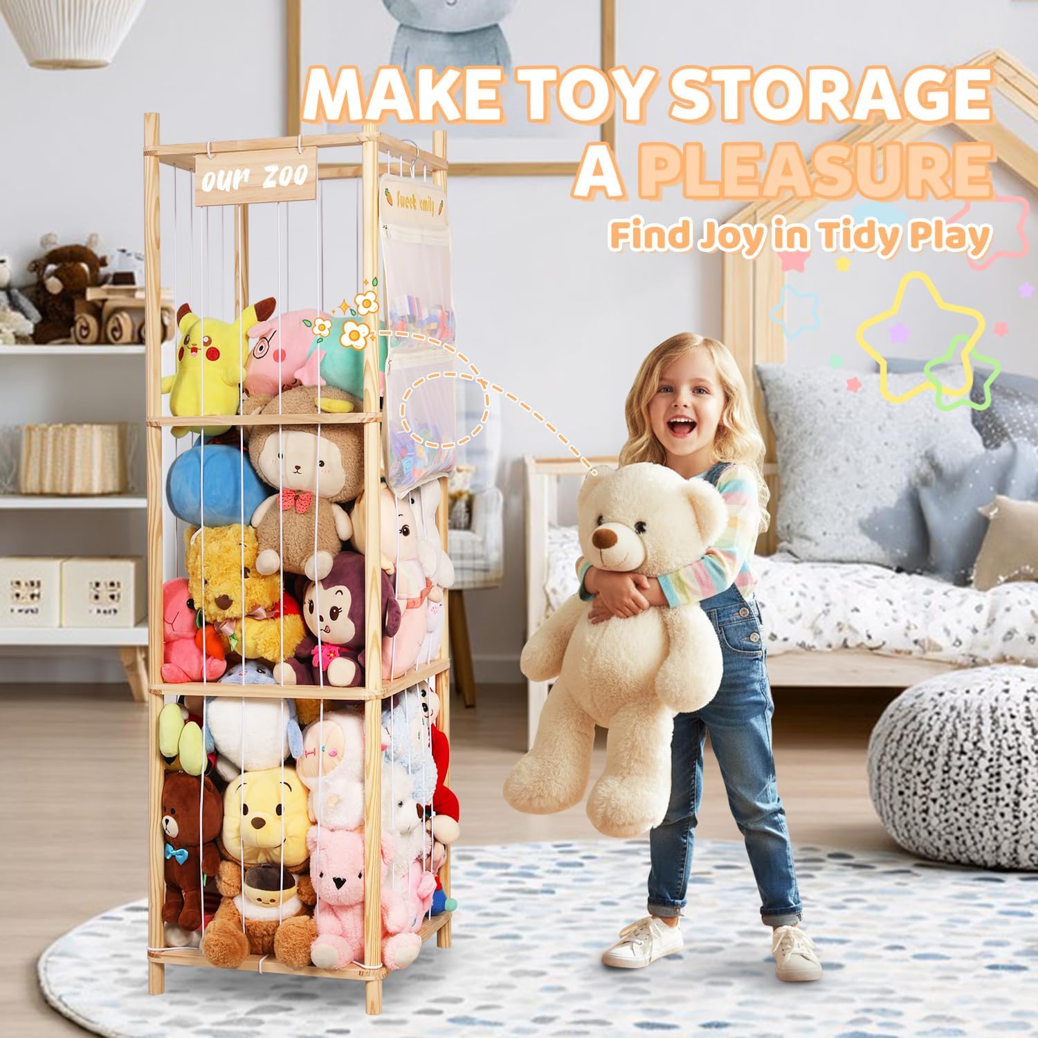 Stuffed Animal Storage Organizer, Large Wooden Zoo Toy Holder with Pockets, Plushie, Stuffy,Toy Storage for Kids Room, Playroom, Bedroom(Natural Large) - Image 8
