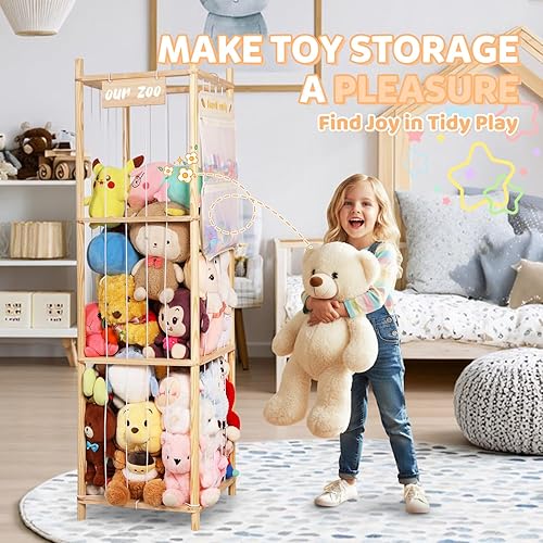 Miniatura 8 de Organizador de almacenamiento de animales de peluche, soporte grande de madera para juguetes de zoológico con bolsillos, peluches, almacenamiento de
