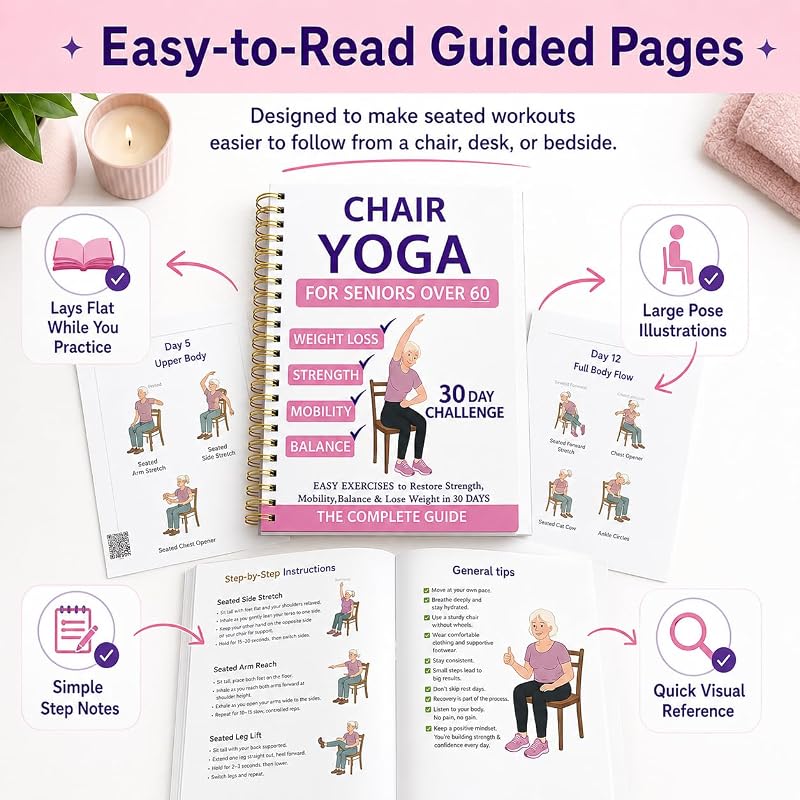Chair Yoga For Seniors Over 60 Book & Chart,30-Day Beginner Challenge with 54-Page Spiral Bound Exercise Guide,Senior Fitness Planner for Weight Loss,Toning,Flexibility and Daily Workouts,Pink image 2