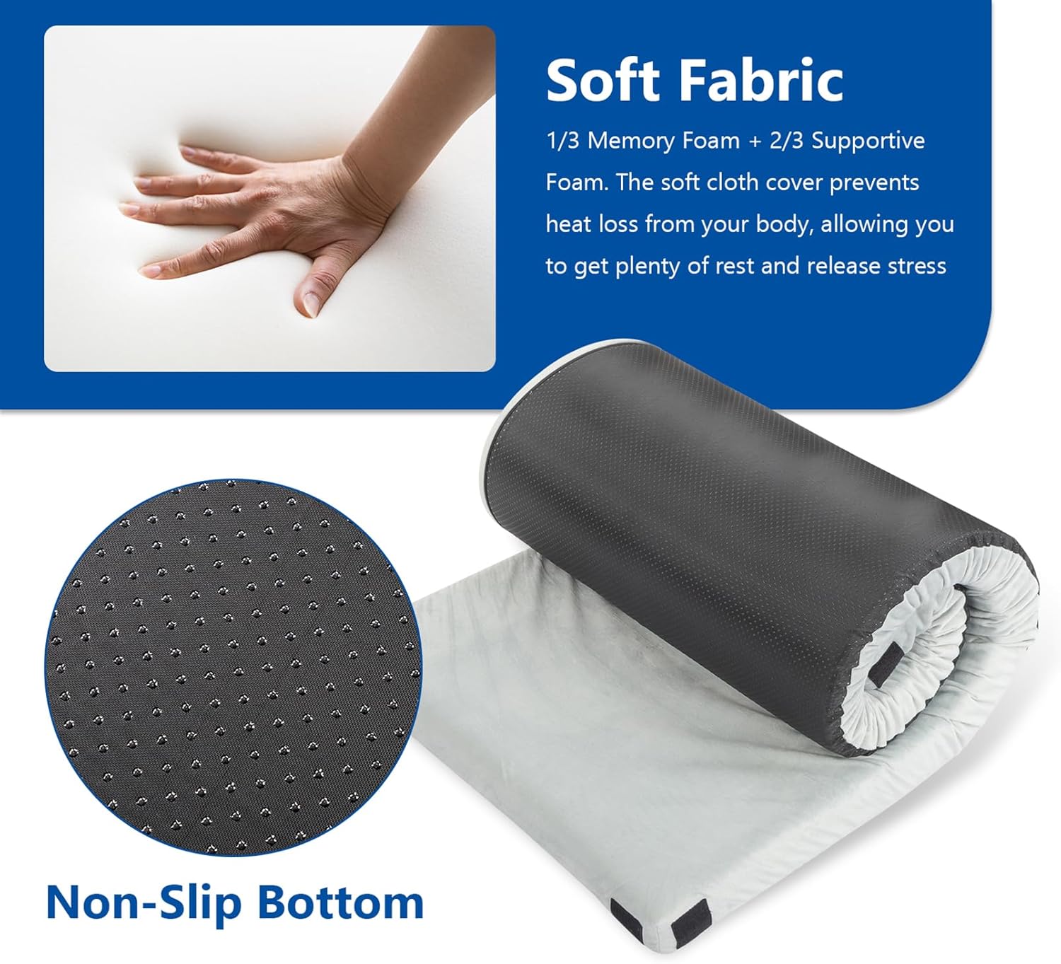 Memory Foam Camping Mattress Pad,Sleeping Floor Mat Portable Roll Up Mattress for Adults,Single Small Camping Bed Pads for Sleeping,Gray Comfortable Guest Bed for Sleepover,Car Bed with Travel Bag