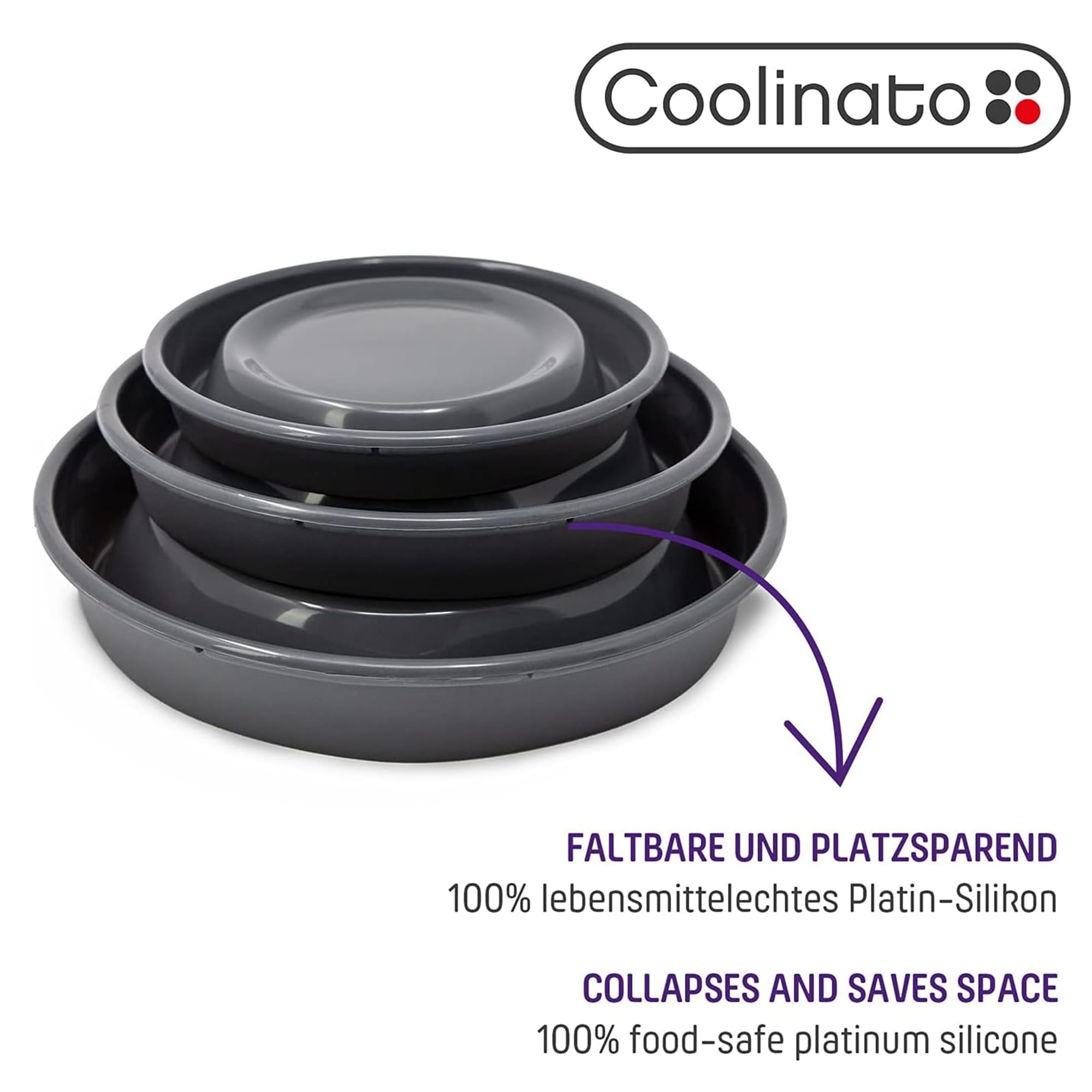 Coolinato Faltbare Schüssel aus Silikon, 16, 20 und 24 cm, grau, Faltschüssel zum Aufbewahren, Servieren und Frischhalten, Obst und Salat Schüssel für Küche und Camping