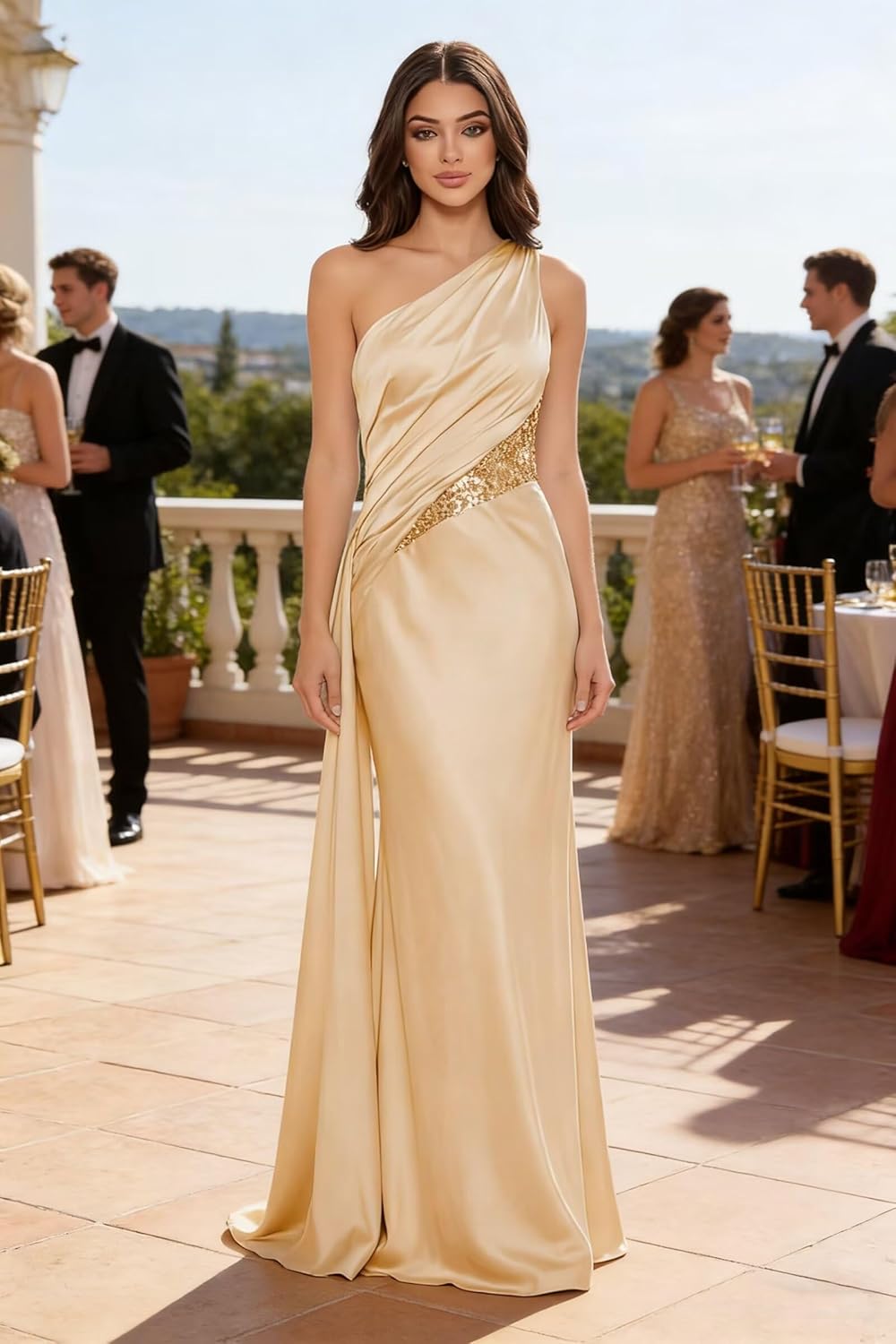 One Shoulder Sequin Prom Dress Long Ball Gown 2026 Pleated Satin Mermaid Formal Evening Party Dresses with Tie - Image 3