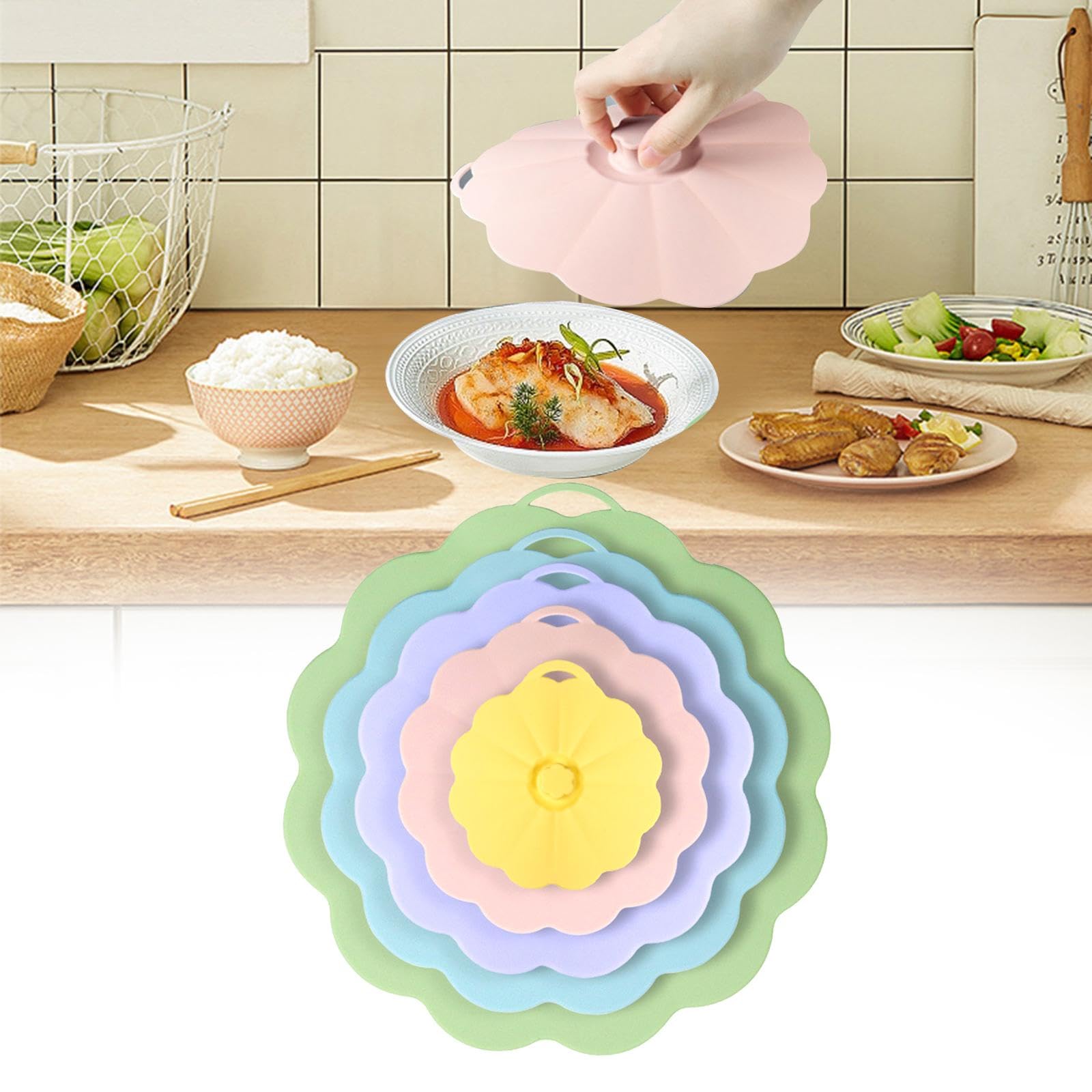5 Pezzi Coperchi in Silicone Coperchi Antischizzo Microonde Coperchi Salvafreschezza Riutilizzabili Resistenti Calore Adatti per Pentole Ciotole Piatt, Multicolore