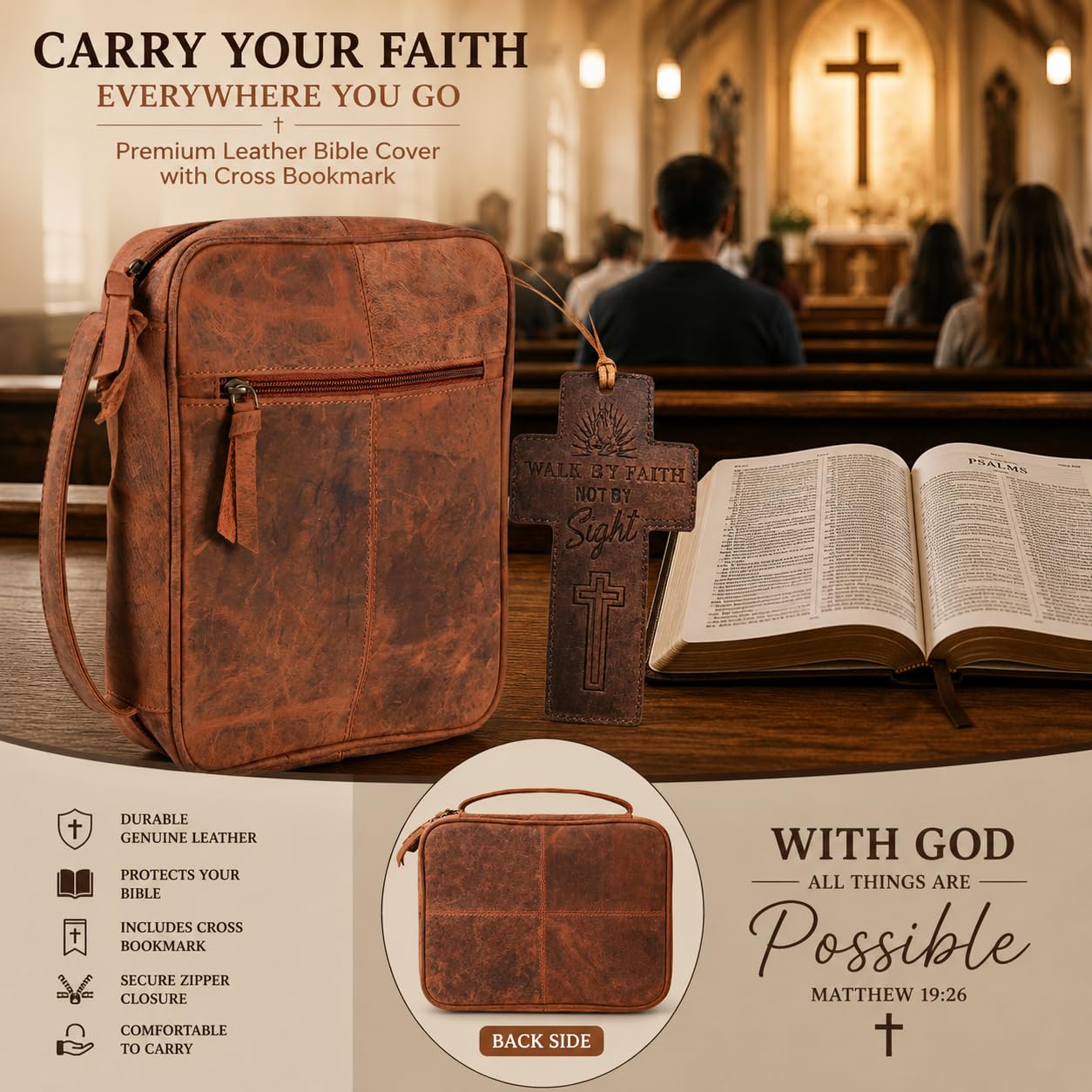 Funda de piel auténtica para hombres y mujeres de 11 x 8 pulgadas, funda de la Biblia con asa y cierre de cremallera, soporte para bolígrafo, múltiples compartimentos de almacenamiento