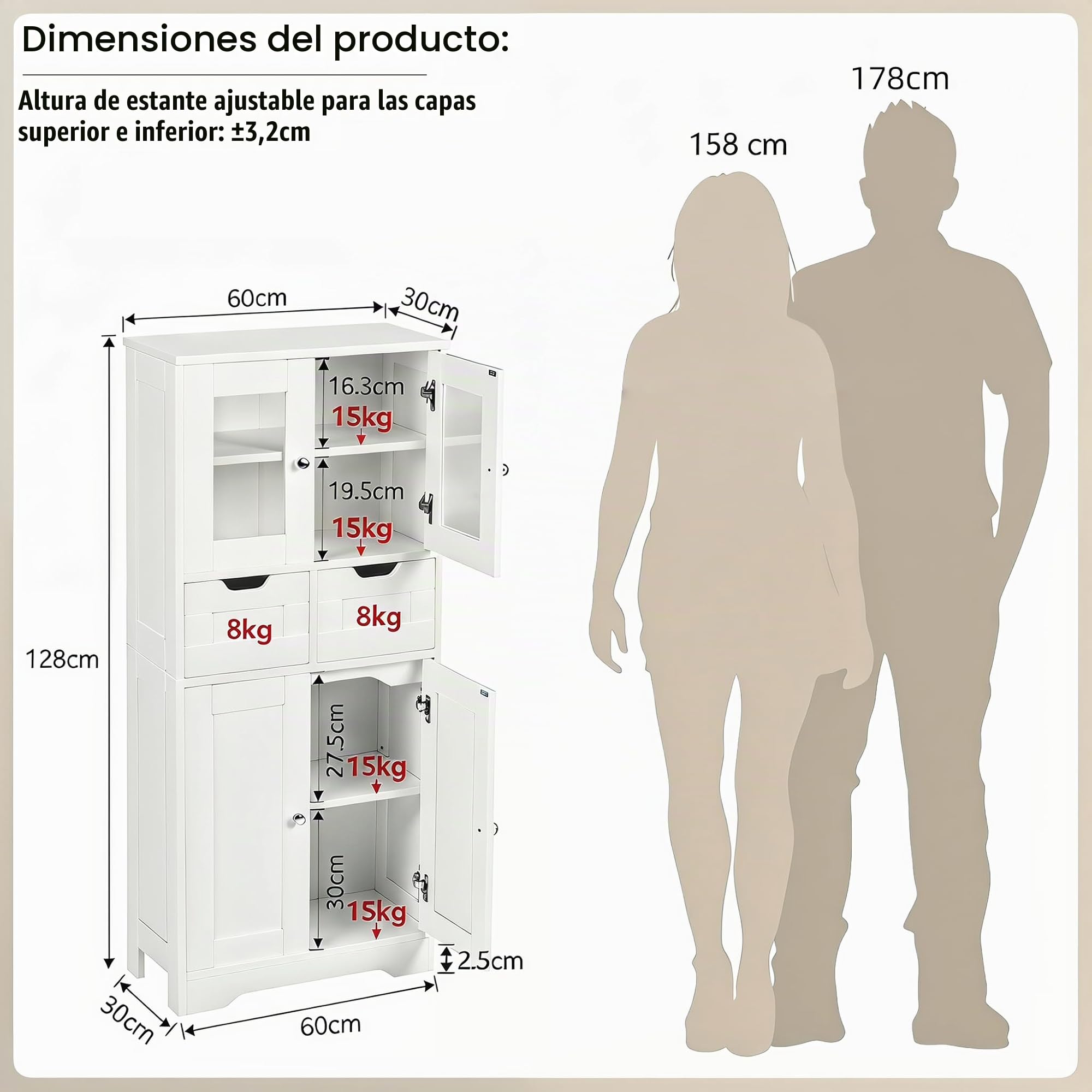 Armario Alto de Almacenamiento, Mueble de Baño, Baldas Ajustables, Panel de Partículas Melamínico Doble Cara de 15mm, Mueble Multiusos para Baño, Pasillo y Lavandería(Blanco, 60x30x128cm)