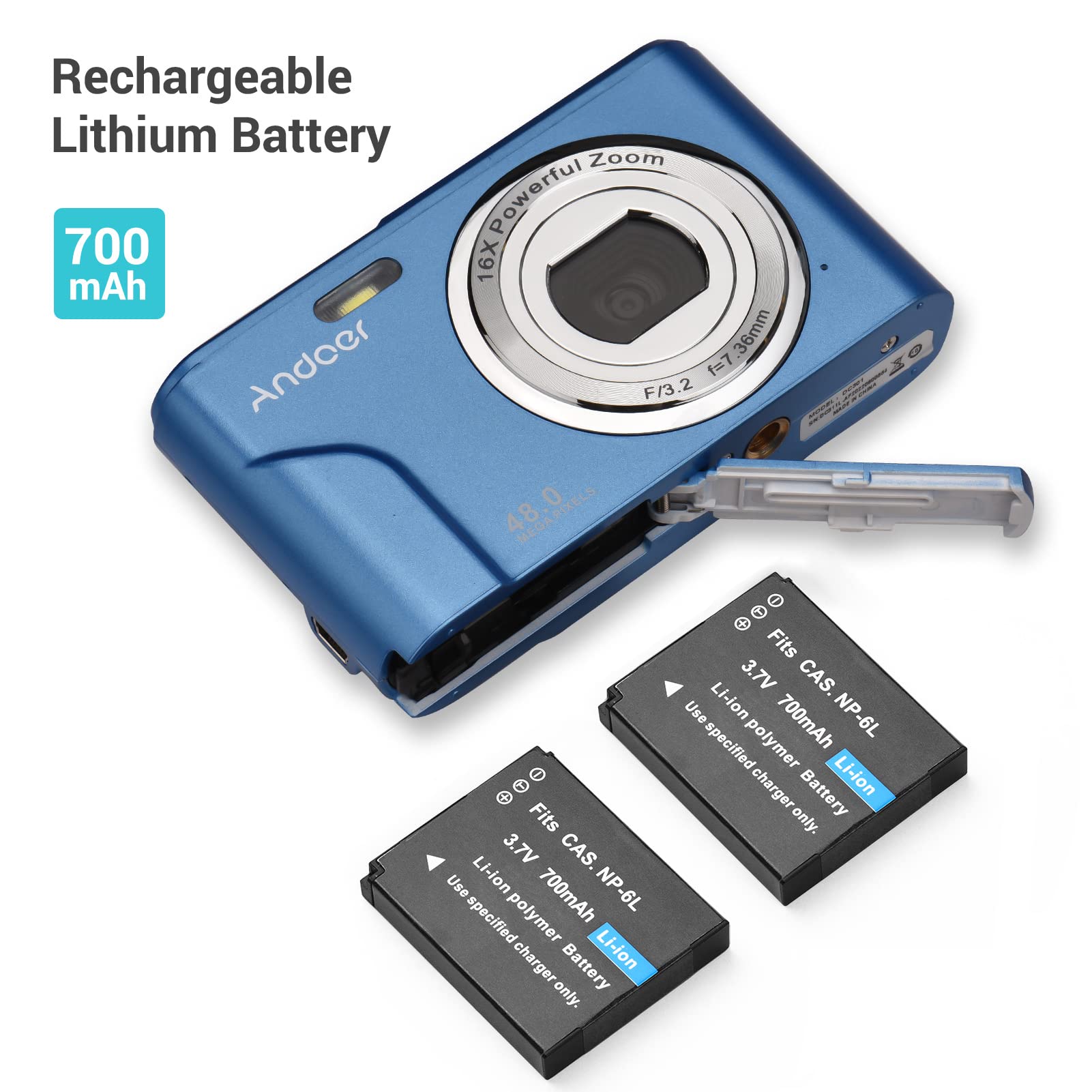 Andoer Aparat cyfrowy z autofokusem, 48 MP, 1080p, 2,4", aparat cyfrowy z 2 bateriami, pasek na rękę, torba do przenoszenia, dla dzieci, młodzieży, początkujących, studentów, ciemnoniebieski