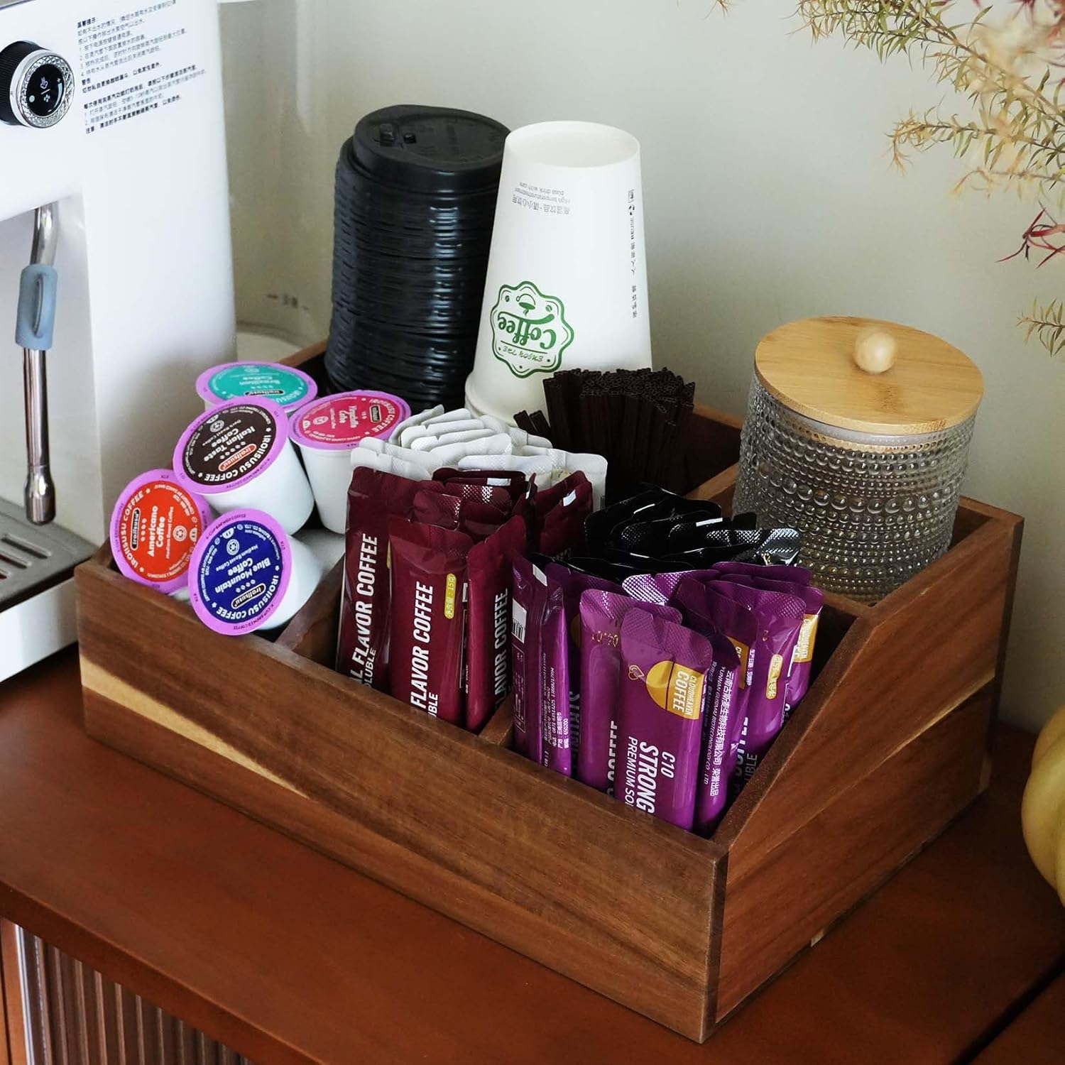 Acacia Wood Coffee Bar Organizer, Multi-Compartment Coffee Station Caddy for Countertop, Stylish Organizer for Home & Office (yellow)