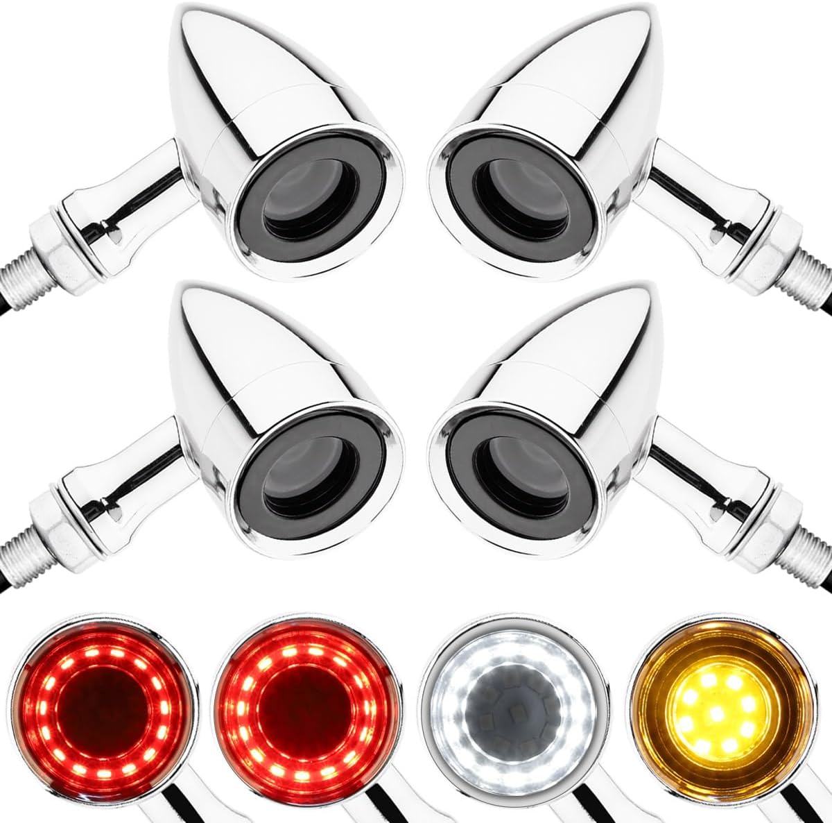 TSUNG 4PCS Motorcycle Bullet LED Front Rear Turn Signal Light SMD Blinker Indicator for Cruiser Chopper Bobber Cafe Racer Street Bike (SMD LED-4PCS Chrome)