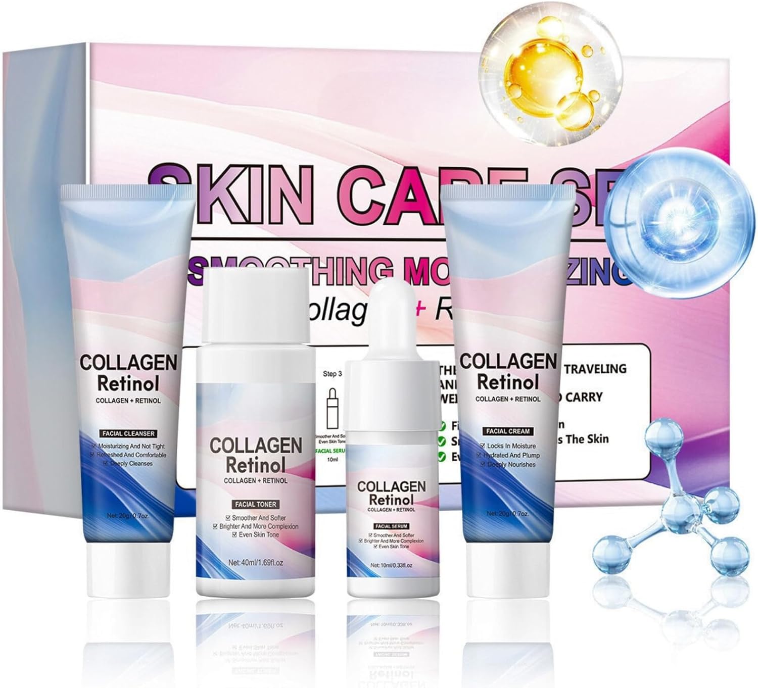 4PCS Collagen + Retinol Skin Care Set-Facial Cleanser&Facial Toner&Facial Serum&Facial Cream,Gift Set Women,Smooth & Moisturised Skin,Improve Skin Tone,Korean Skincare Set