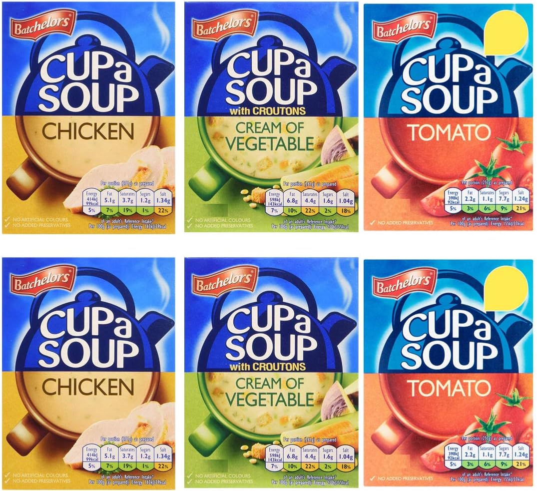 Bachelors Instant Cup A Soup Selection Tomato, Cream of Vegetable, Chicken Flavours 6 Boxes
