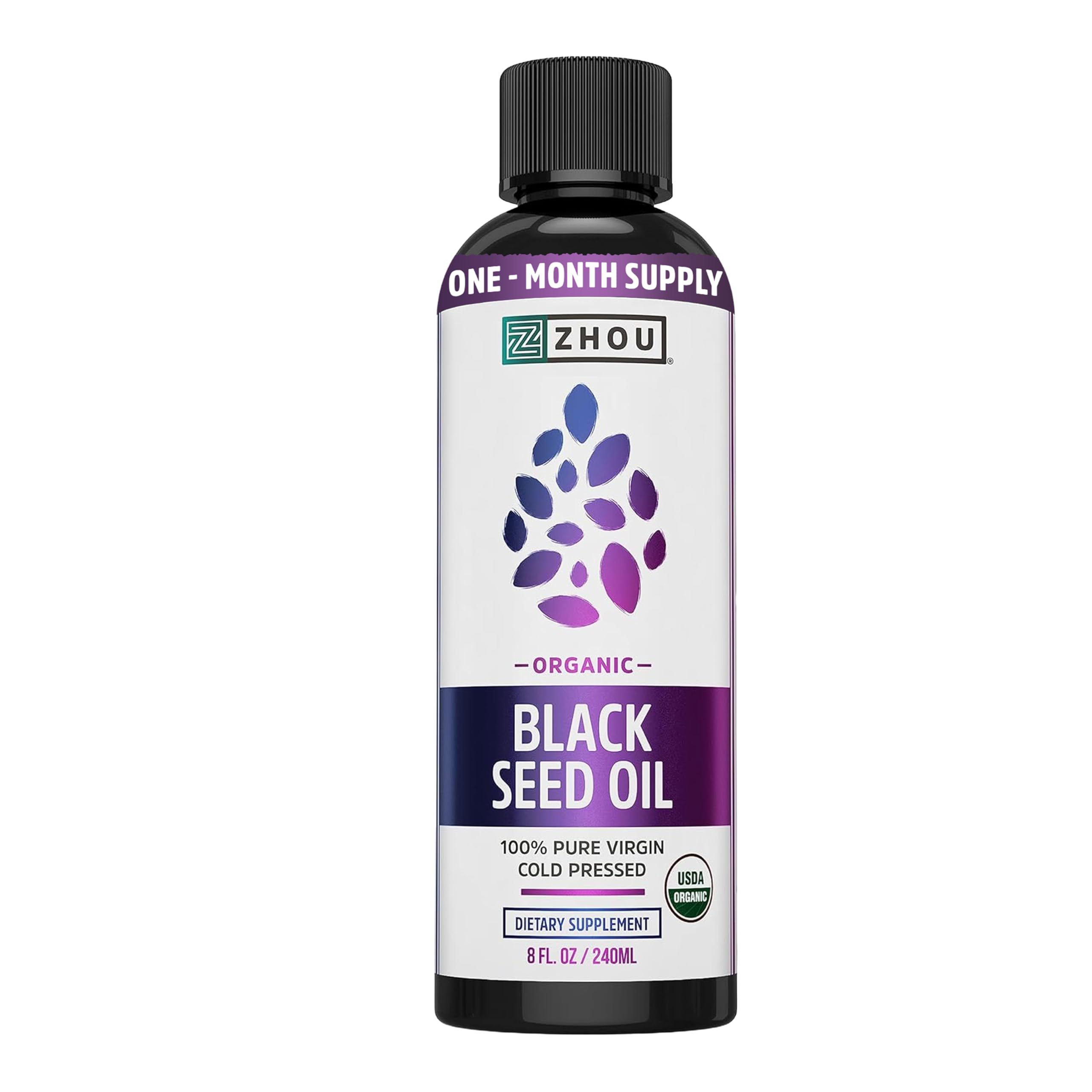 Zhou Organic Black Seed Oil | 100% Virgin Cold Pressed Omega 3 6 9 | Super Antioxidant for Immune Support, Joints, Digestion, Hair & Skin | Vegan, Gluten-Free, Non-GMO | 8oz