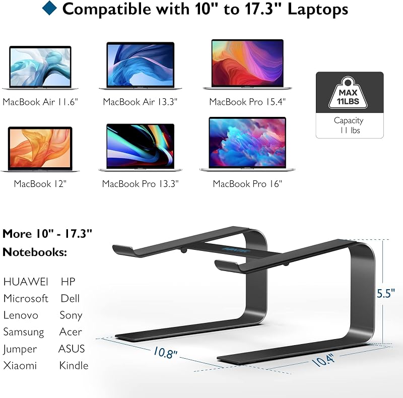 BONTEC Ergonomikus Laptop Állvány Íróasztalhoz, 10-17,3 Hüvelykes Notebookokhoz Kompatibilis Tartó, Fekete