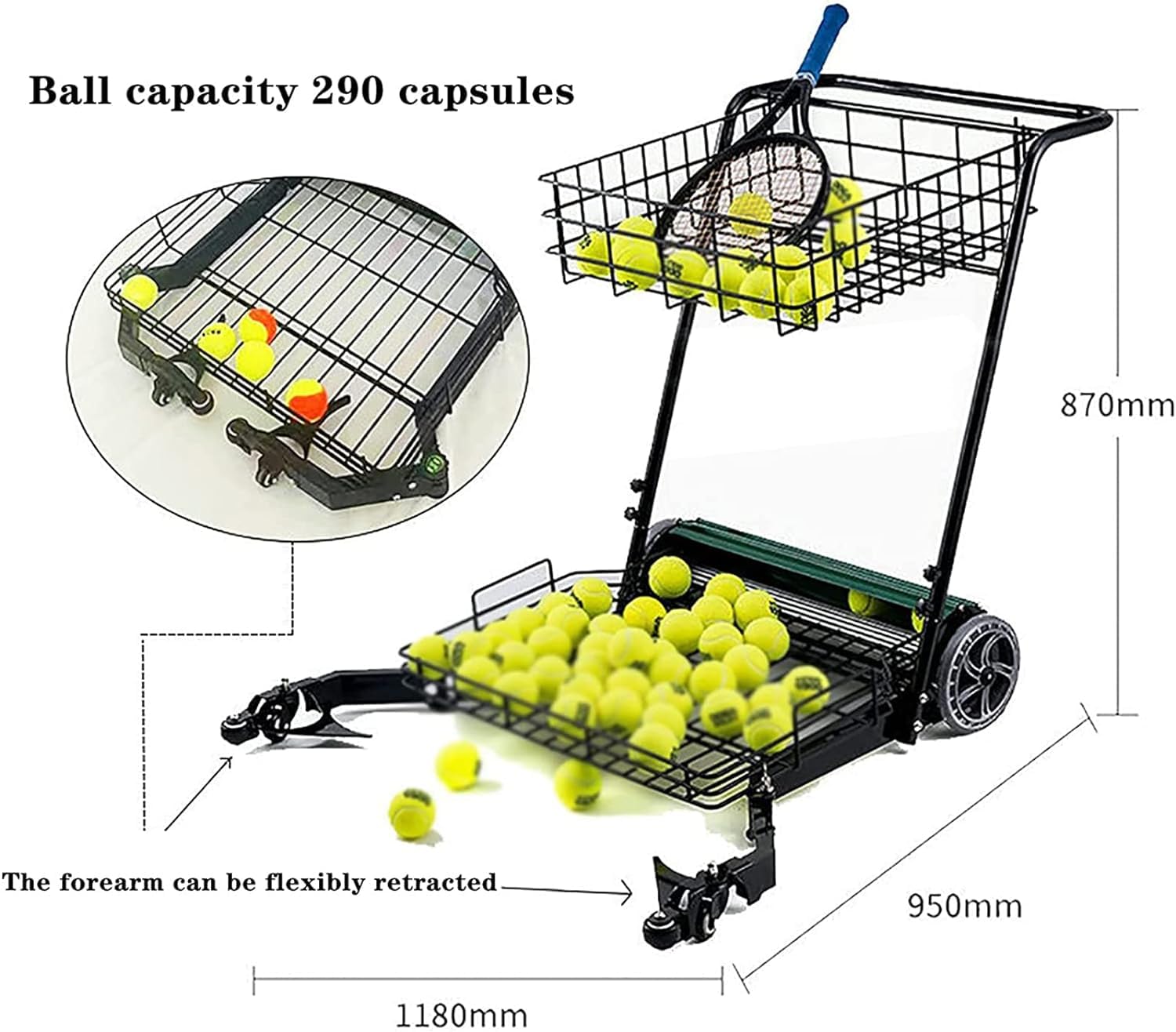 Raccoglitore portatile per palline da tennis con 290 palline di grande capacità, non c'è bisogno di piegarsi, con ruota rotante universale a 360°, per tennis e golf