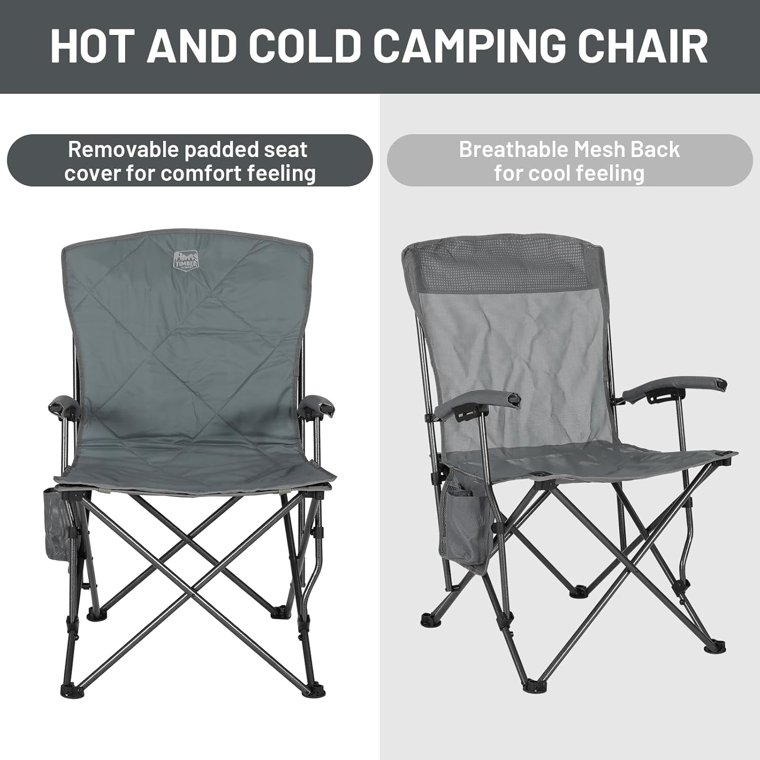 Timber Ridge Folding Camping Chair, Removable Seat Padded Lawn Chairs Foldable Outdoor Camp Chair for Adults, Supports Up to 300 LBS, Grey