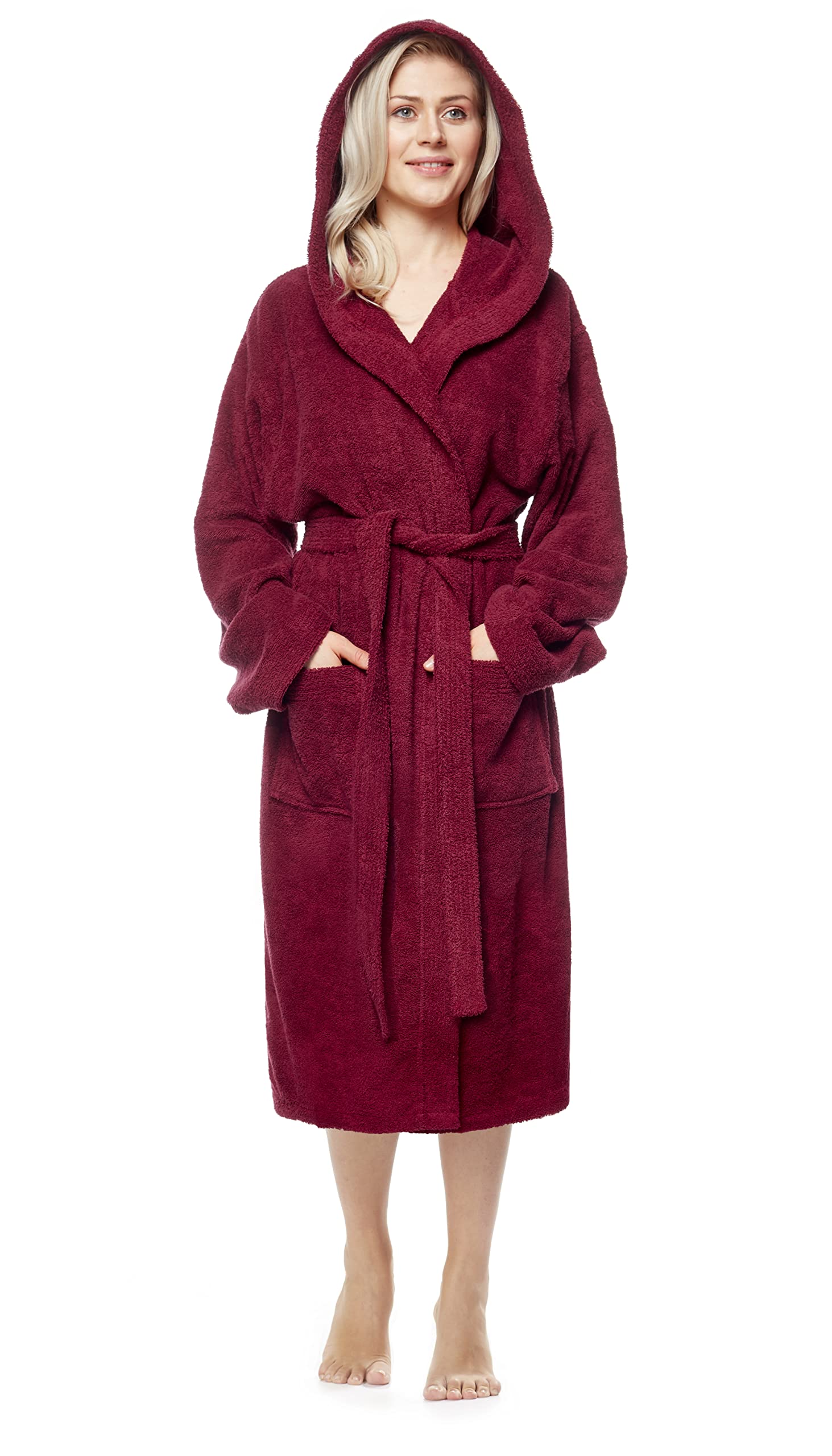 Arus Women's bathrobe with hood, calf-length, 100% cotton terry, Burgundy, XL-XXL
