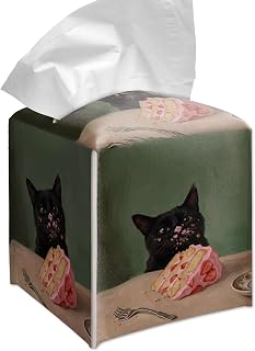 Vintage Black Cat Strawberry Cake Tissue Box Cover Square | 5.2 Inch square tissue box cover, black cat strawberry cake print for bathroom, bedroom, living room, vanity