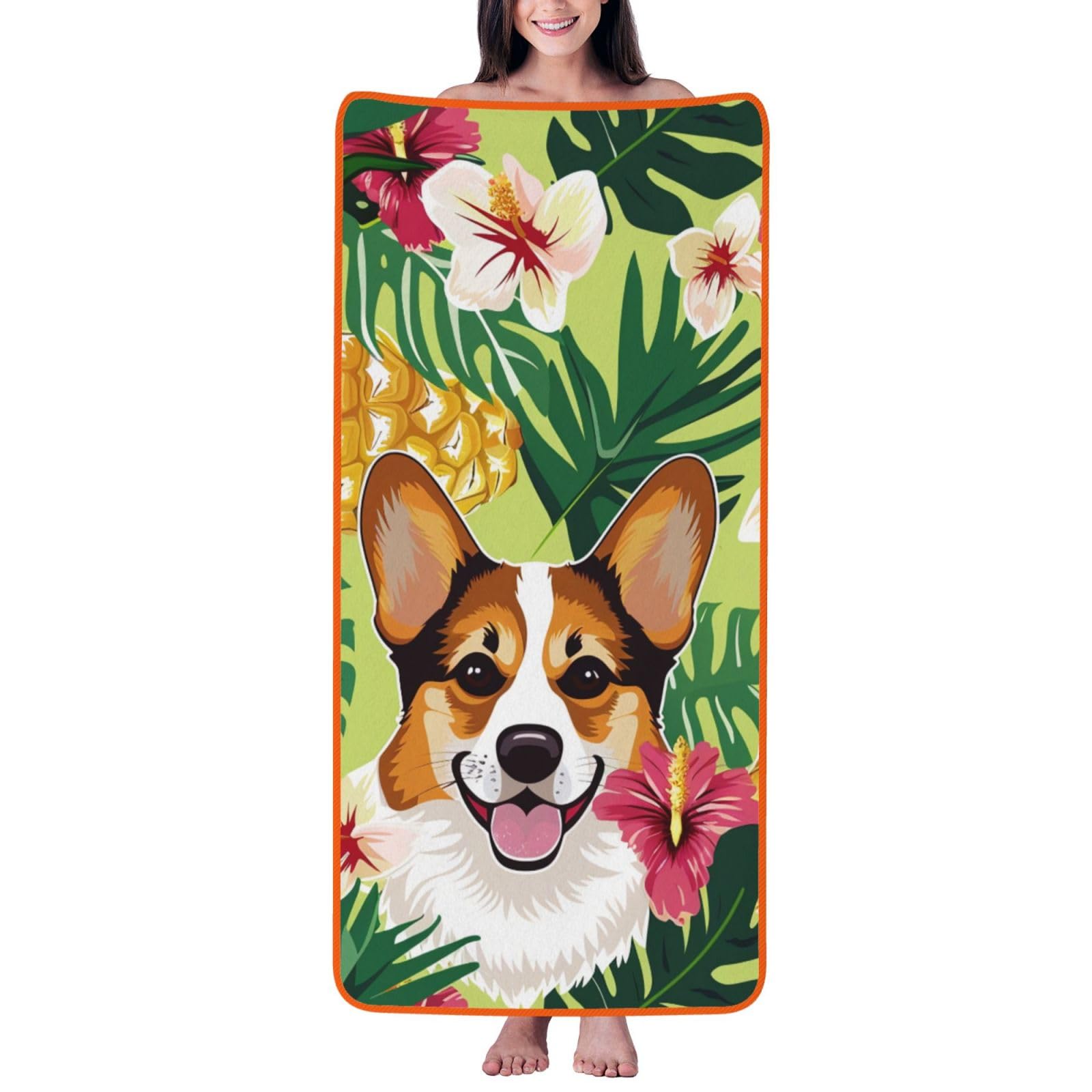 WPKJU Corgi Hawaiian Tropical Summer Pineapple Printed Bath Towel with Orange Edging - 27x55 in Soft Extra Absorbent Coral Velvet Shower Towels for Bathroom