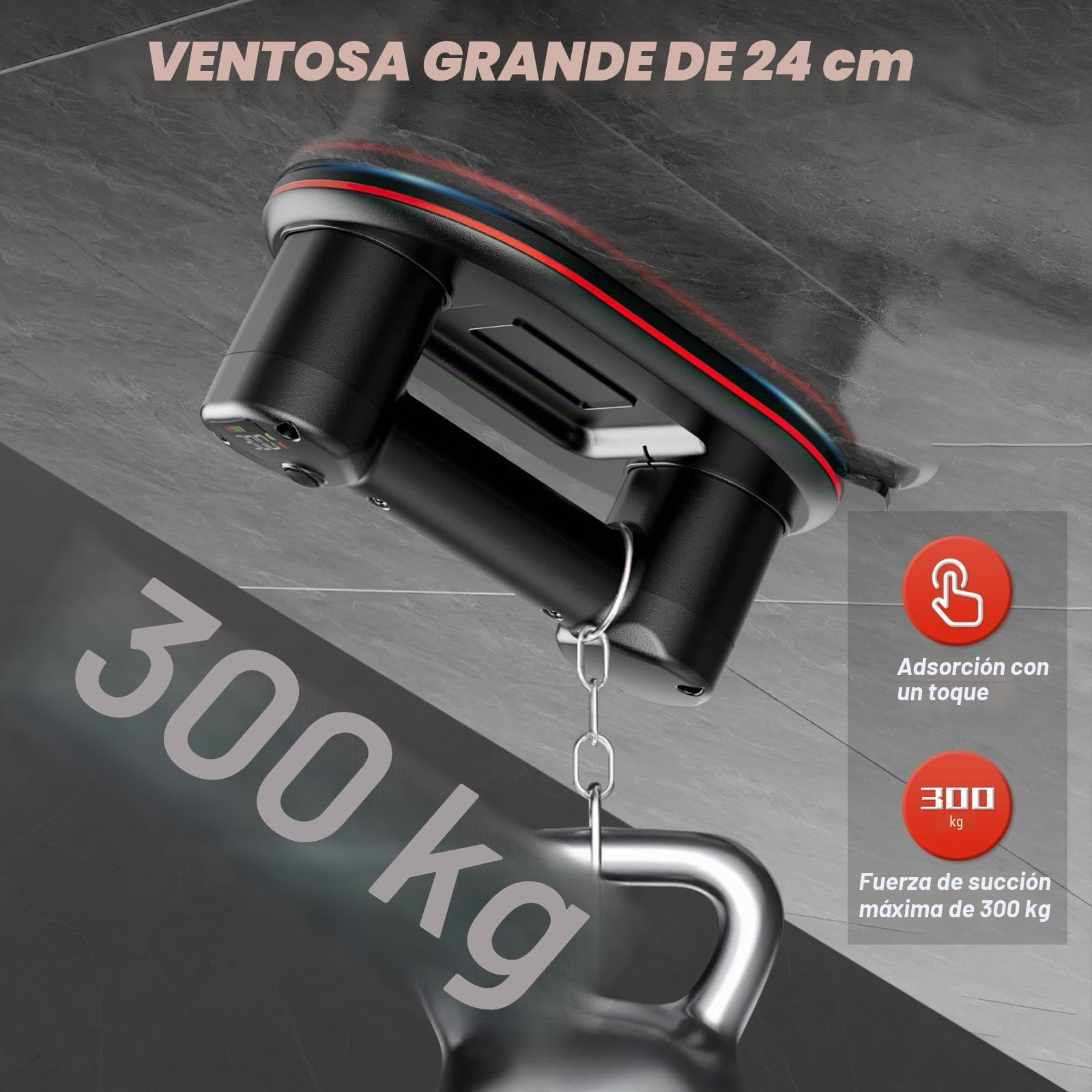 Ventosa para Azulejos Eléctrico, Ventosas para Azulejos 24 cm, Cargas 300KG Batería de Litio 4000mAh Pantalla LCD,Ideal para Levantar Cristales, Mármol, Cerámica y Vidrio -Negro
