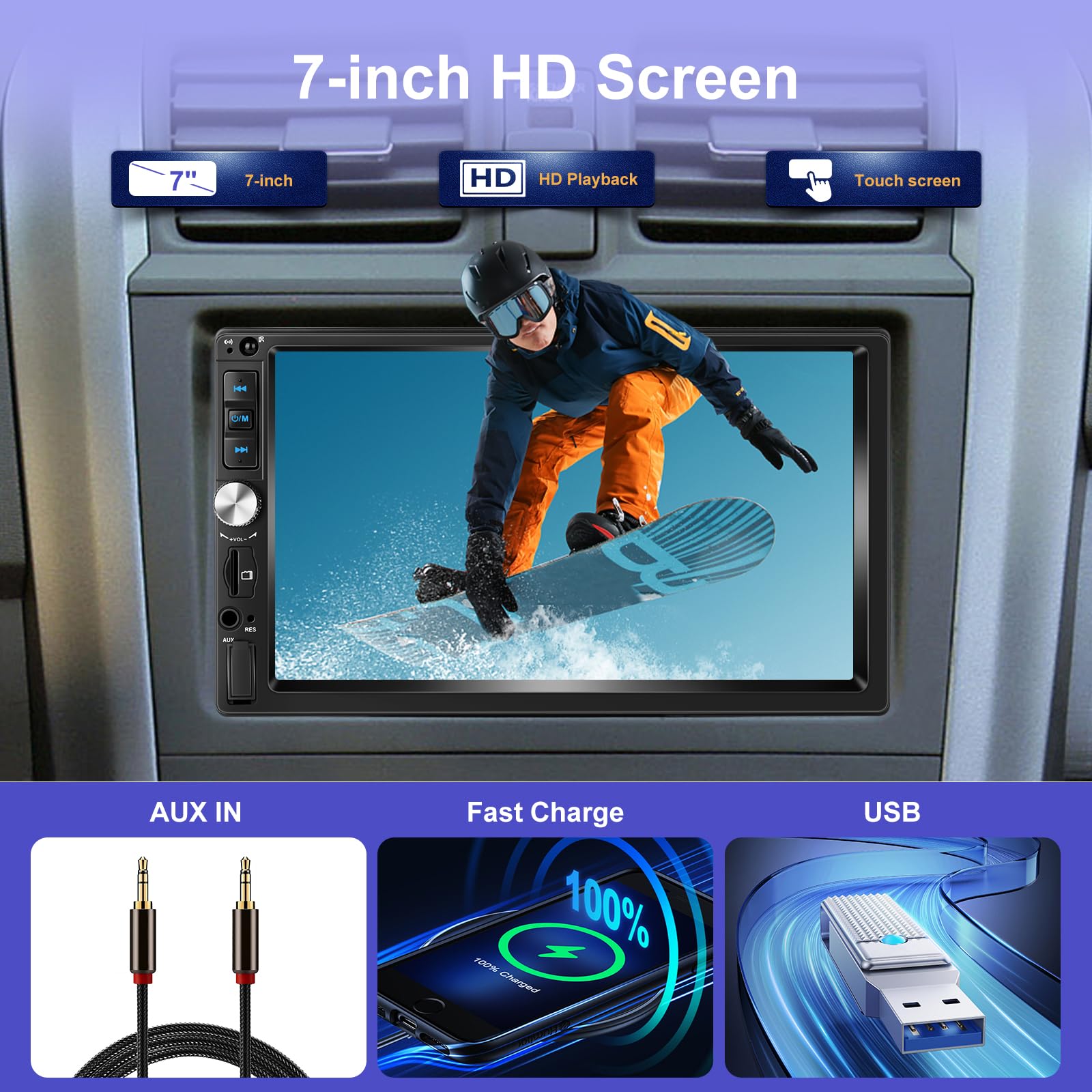Autoradio 2 Din con Wired Carplay e Android Auto - Radio Touchscreen da 7 Pollici con EQ, Mirror Link, Bluetooth, Radio FM, SWC, Ingresso USB/AUX/SD + Telecamera di Backup