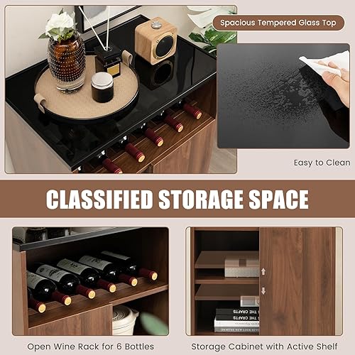 Miniatura 5 de Giantex Armario para bar de vinos, pequeño aparador con parte superior de vidrio templado, patas y estante ajustables, puerta corredera, mesa