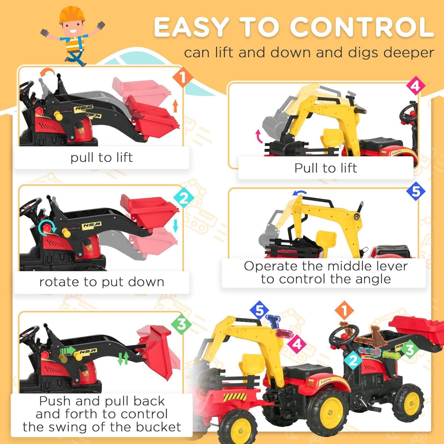 3 In1 on/Bulldozer, Pedal Car Digger Toy Move Forward/Back with 6 Wheels and Detachable Cargo Trailer