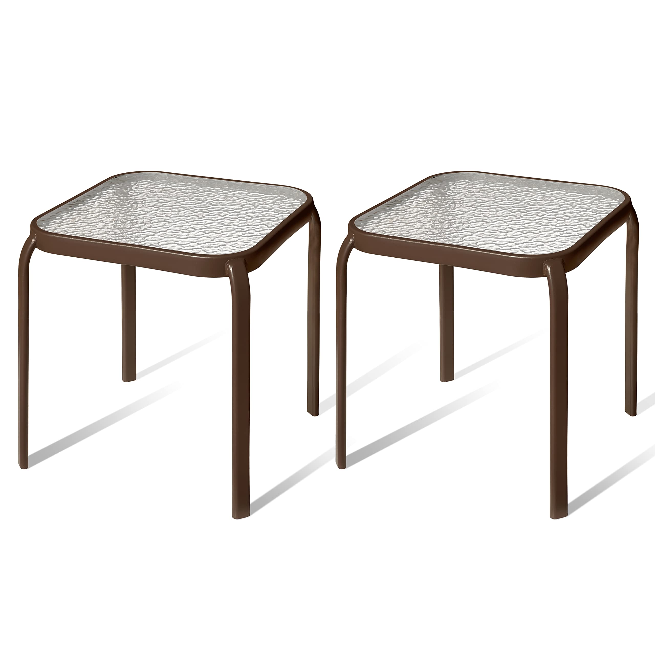 bronze metal outdoor side table with tempered glass top set of 2 – elegant small 16" square patio table – durable weather-resistant coffee bistro accent end table for outside and garden
