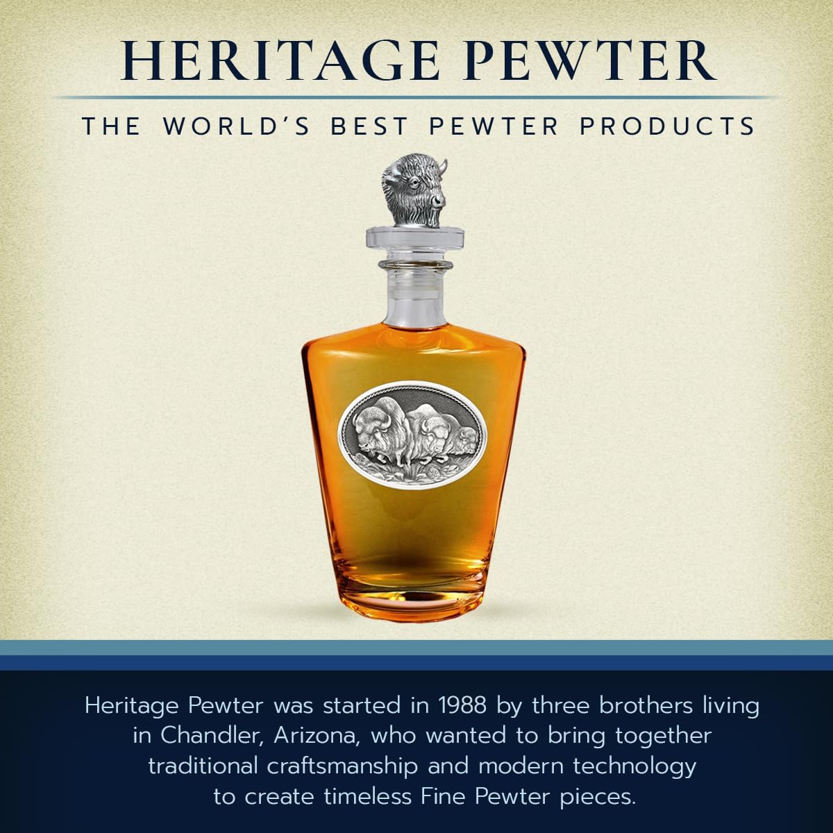 Heritage Pewter Three Buffalo Royal Decanter with 3D Stopper | 30 OZ Liquor Pourer | Expertly Crafted Pewter Glass