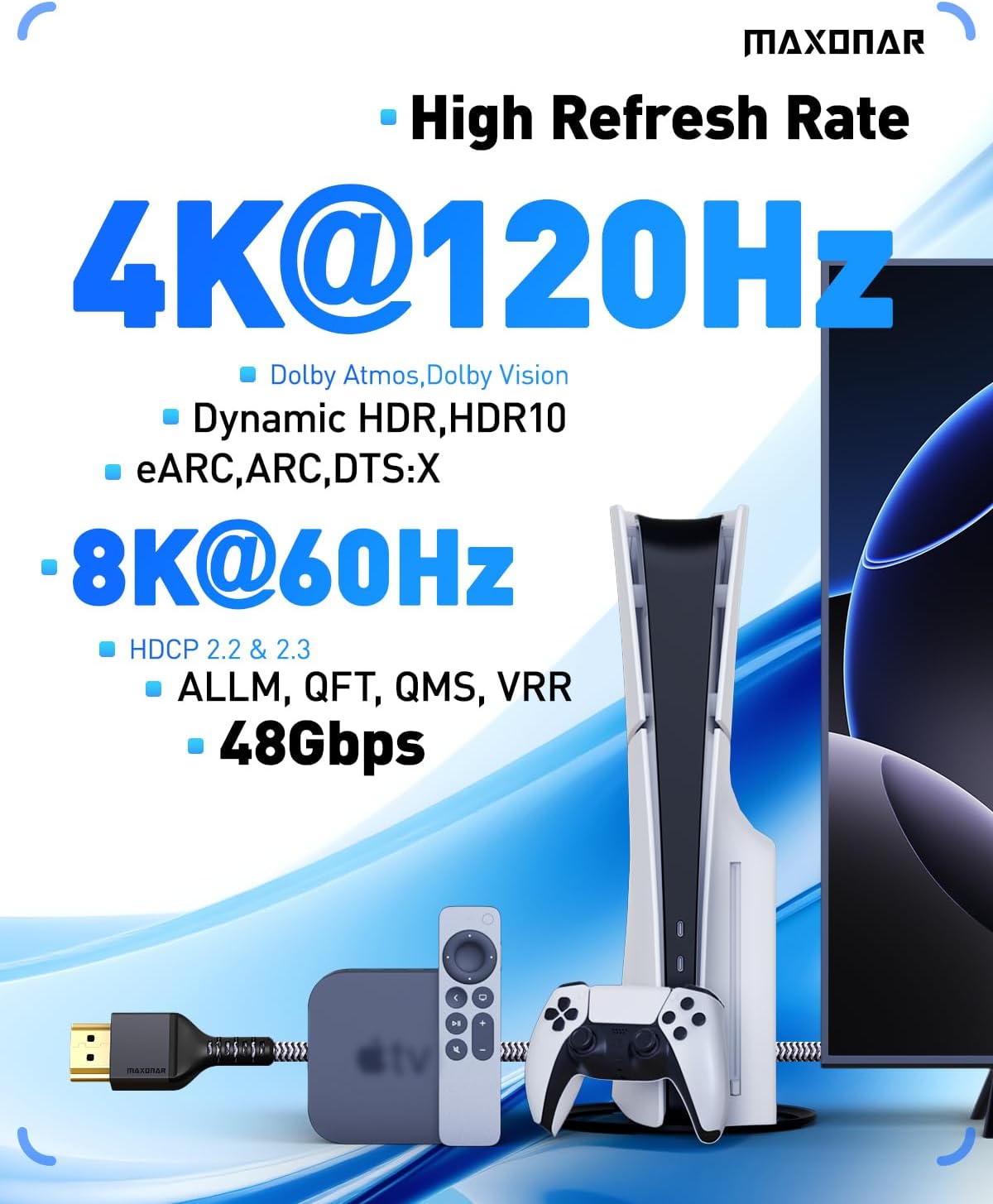 Maxonar HDMI 2.1 Cable 15FT, [Certified] Ultra High Speed Long HDMI Cables, 8K60 4K120Hz 144Hz 48Gbps HDCP 2.2&2.3 eARC HDR Dolby for PlayStation 5/PS5 Xbox Series X Apple TV 4K Roku/Samsung/Sony TV