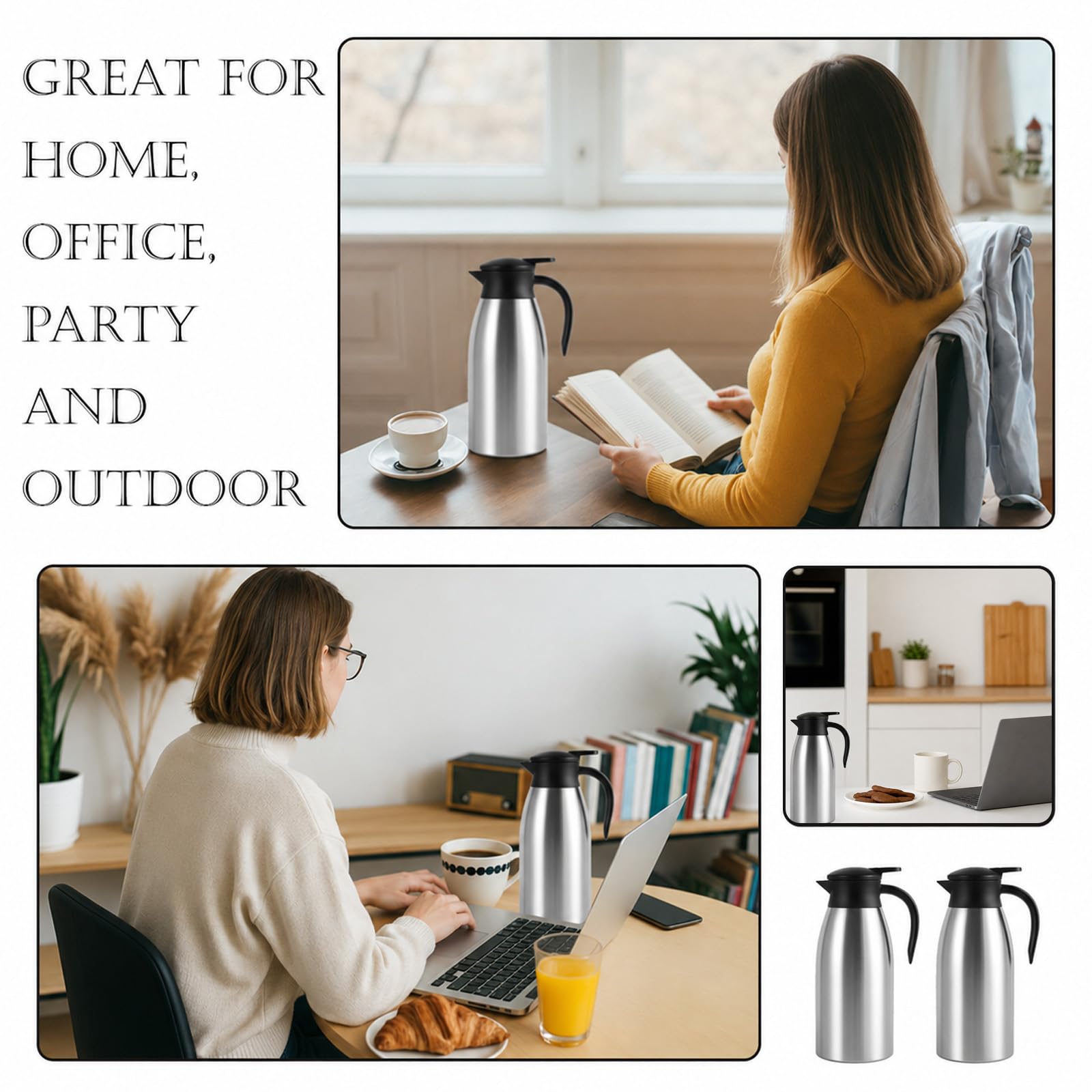 2 jarras térmicas de café de acero inoxidable aisladas de 68 onzas para líquido, dispensador de termo de café aislado de doble pared con cepillos para café y té, mantiene 12 horas calientes 24 horas