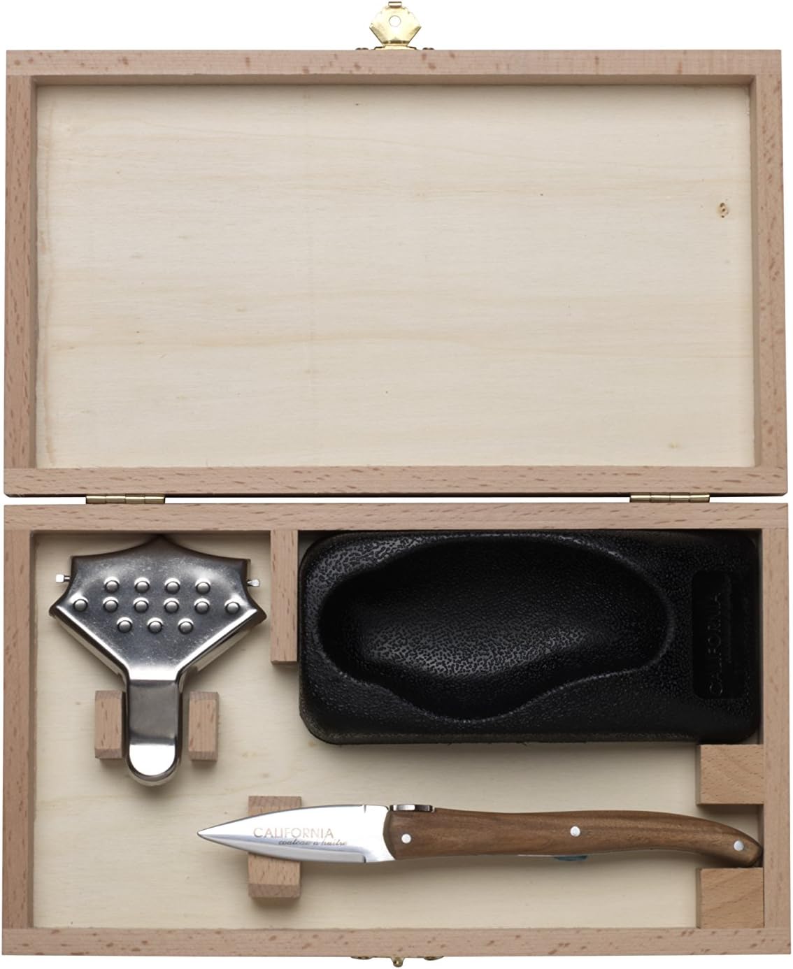 Oyster Knife & Shucker Tool Set in Pinewood Gift Box by California Oyster Co – French Designed Lemon Squeeze, Non-Slip Oyster Holder, and Beechwood Oyster Shucking Knife