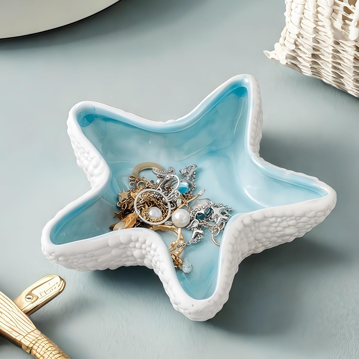 Starfish Jewelry Dish Ceramic Holder Ring Trinket Tray, Ocean-themed Decorative Trinket Dish, Suitable for Mother Friend Sister, Gifts for Women, Home Decor Trinket Dish(Sea Blue) - Image 4
