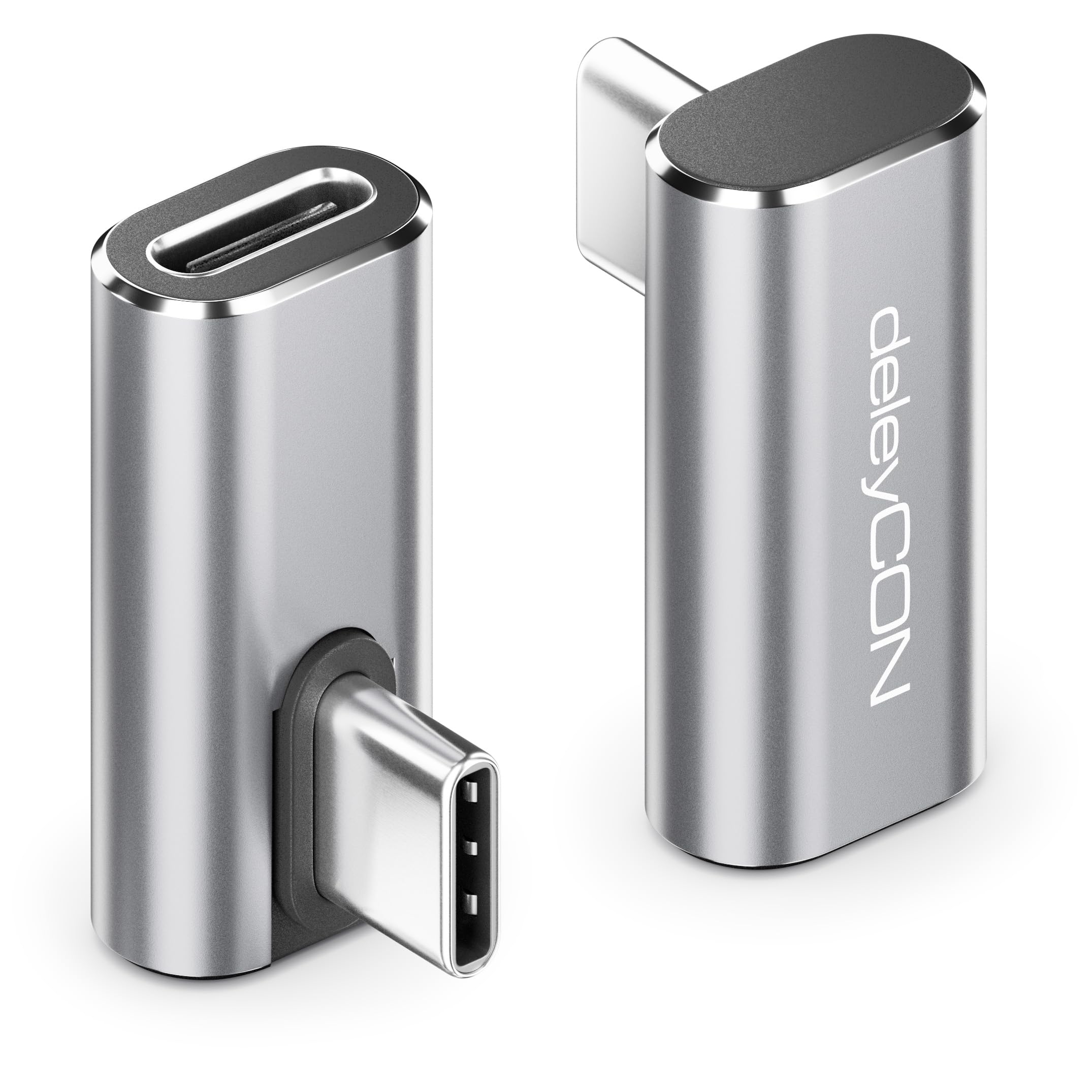 deleyCON Adapter USB-C Kąt 90 Stopni (2 Sztuki) 40Gbps, 240W, 8K60Hz, Aluminiowa Obudowa, Wtyczka Typu C do Gniazda Kompatybilny ze Smartfonem Tabletem Laptopem Notebookiem Switch PC i Wieloma Innymi.