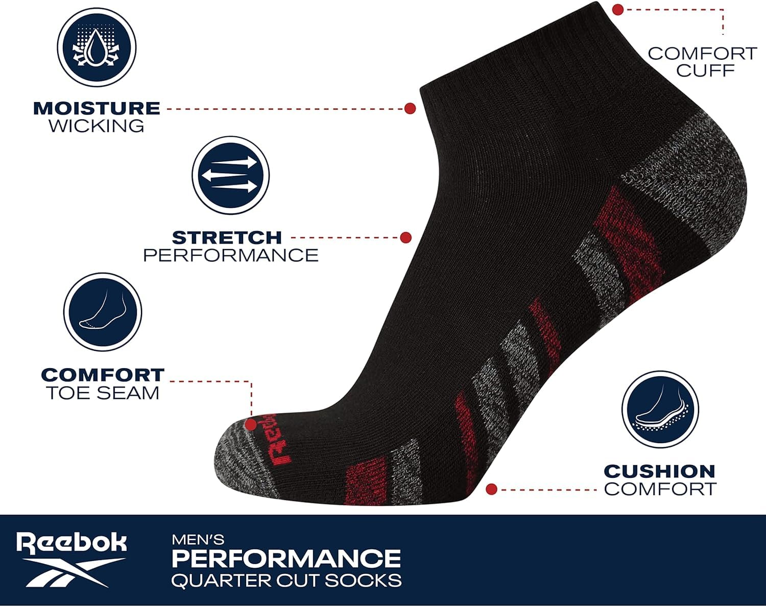 Reebok Men’s Athletic Socks – Cushion Quarter Cut Ankle Socks (6 Pack)
