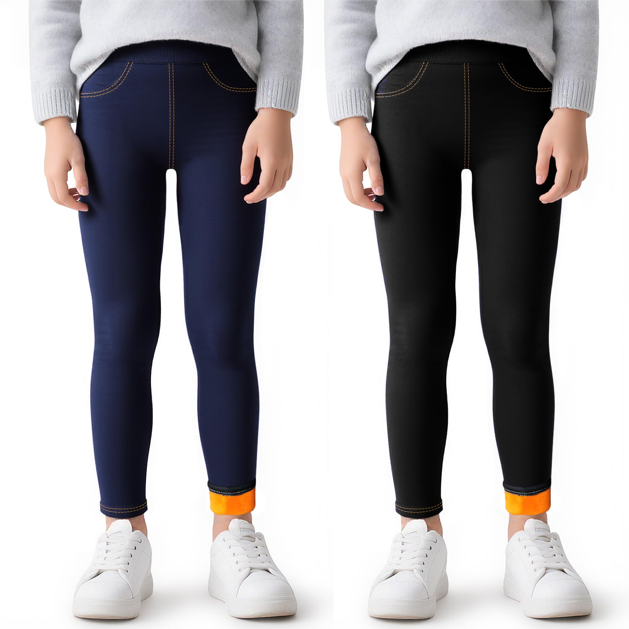 Dziewczęce legginsy termiczne, dżinsy, legginsy z podszewką z polaru, 2 sztuki, wysoka talia legginsy na co dzień ciepłe zimowe slim fit miękkie długie spodnie odzież dziecięca 4-12 lat