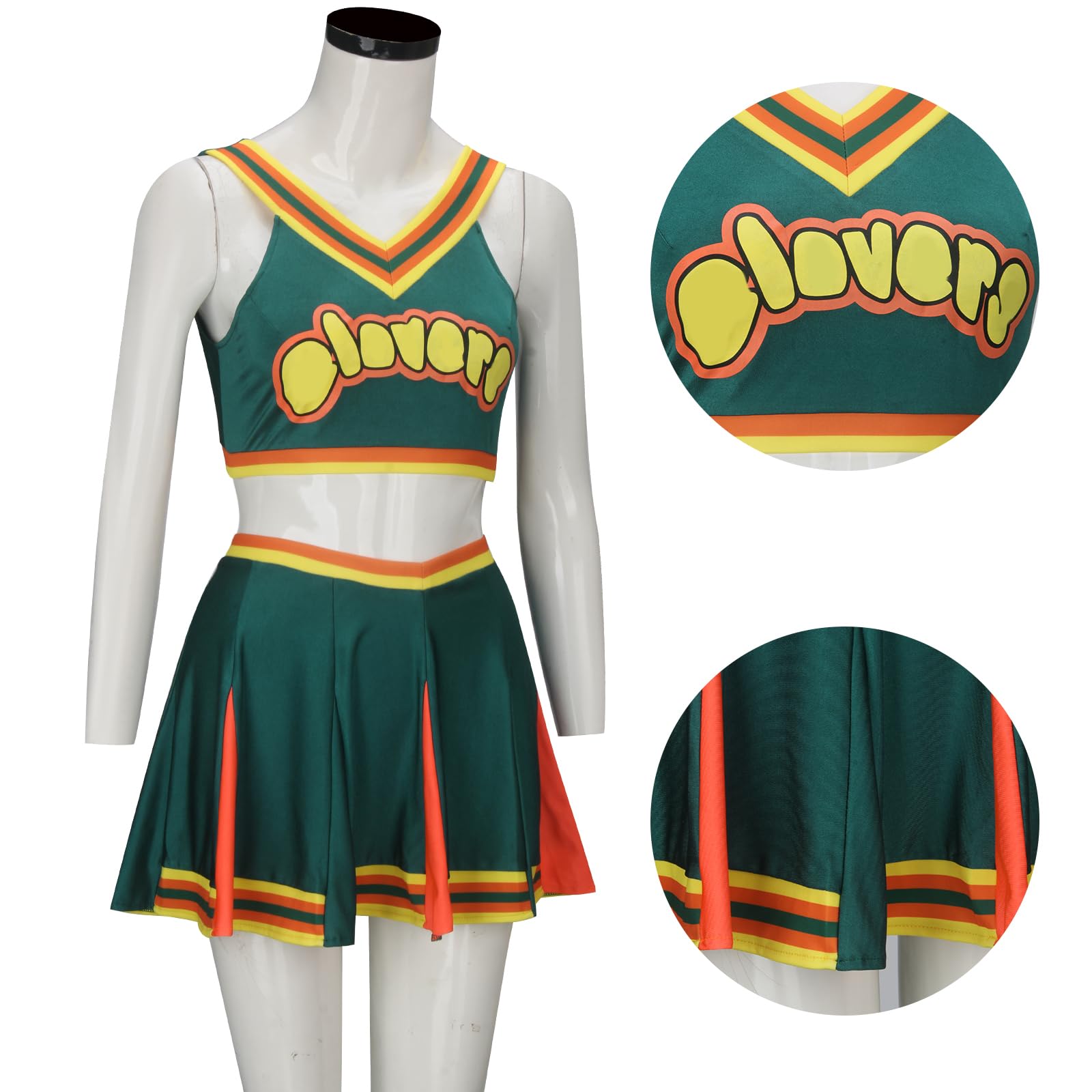 Funhoo Cheerleader Uniform Grün Oberteil Minirock Cheerleading Kostüm Cheer Captain Film Cosplay Outfit für Mädchen Damen Schule Tanzen
