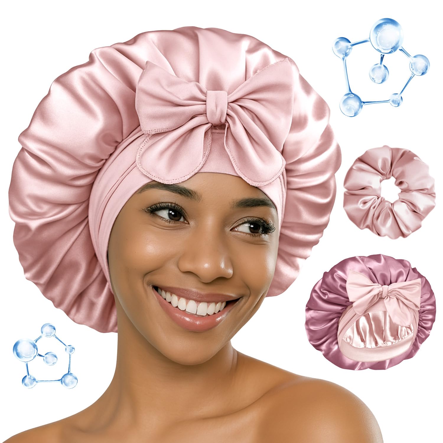 BONNET QUEEN Seidenhaube zum Schlafen Hyaluronsäure Bonnet mit Haarschutz für Nacht Doppellagige Schlafhaube Seide Satin Haarhaube Motorhaube für Damen mit Bindeband & Haargummi Creme Pink & Rose Gold