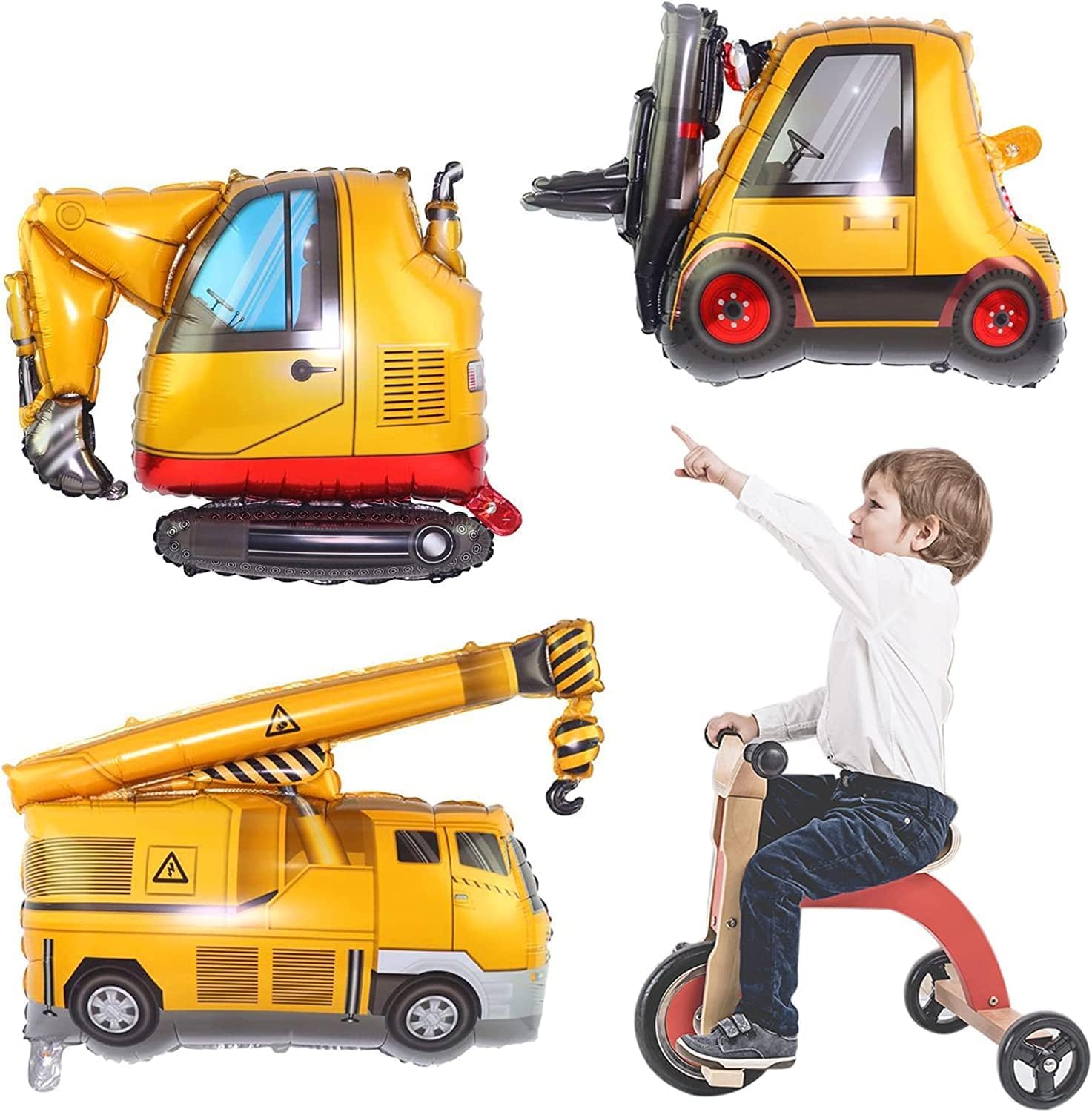 Terrifi Construction Excavator Balloon, 3 Pcs Party Balloon Kids Birthday Decorations, Large Digger Vehicle Foil Truck Crane For Boys Supplies