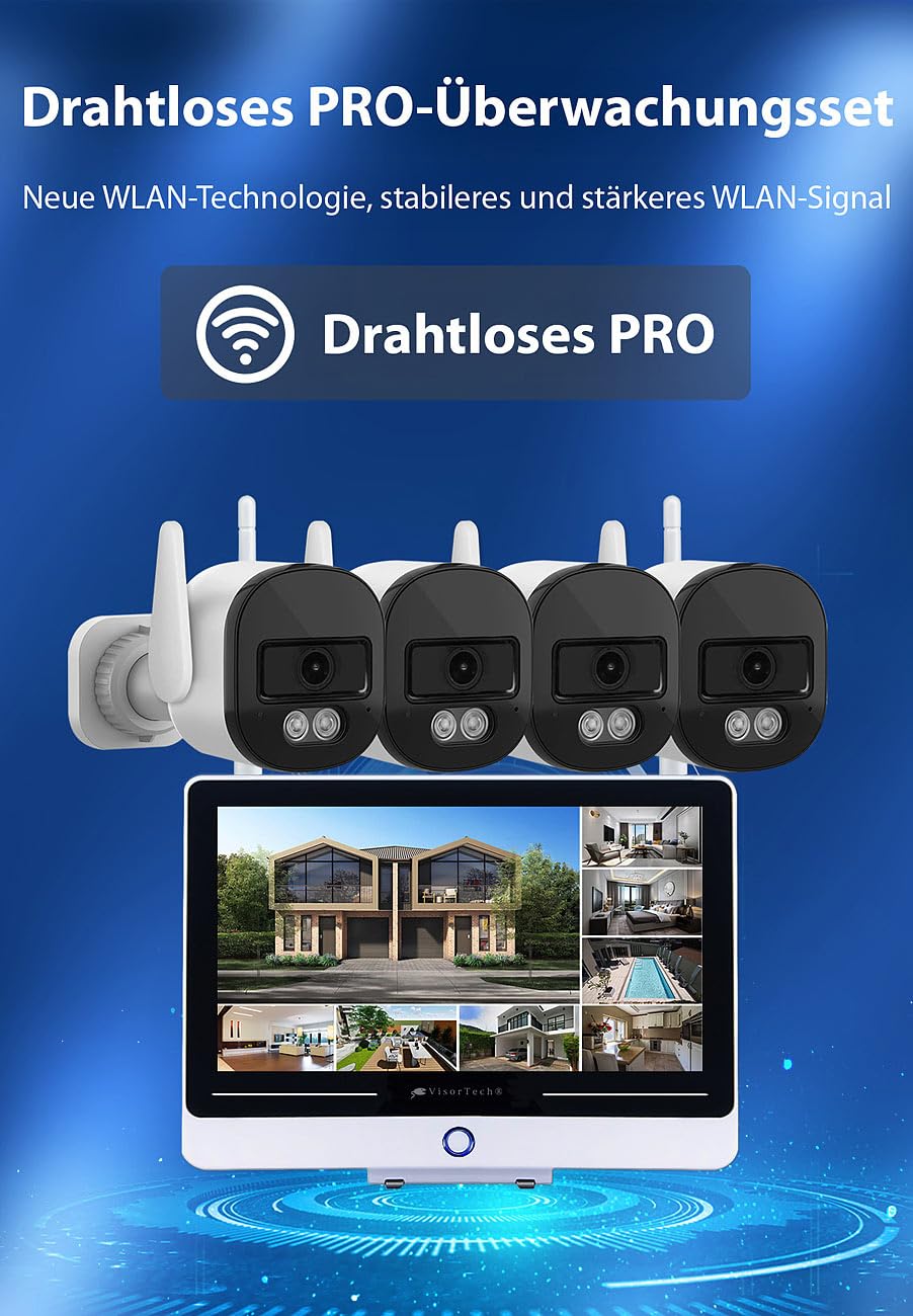 VisorTech System monitoringu WiFi 6 z 12,5-calowym monitorem dotykowym, rejestratorem HDD i 4 kamerami 2K IP66