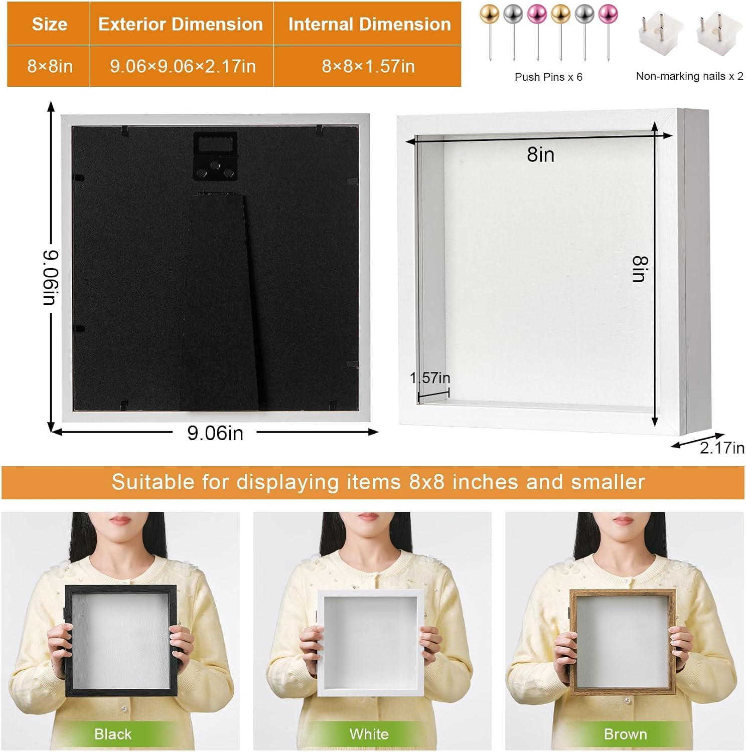 8x8 White Deep Shadow Box Picture Frame with HD Clear Glass image 3
