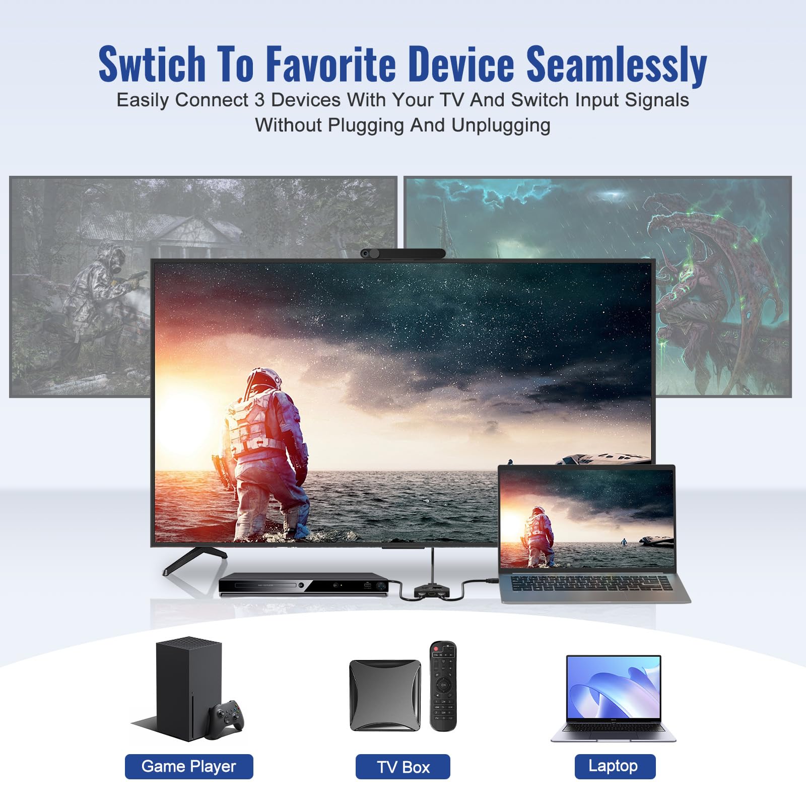 Interruttore HDMI 4K, FOKKY Hdmi Distributore Automatico/Manualmente Placcato Switch 3 in 1 Out 3 porte Supporto splitter 4K/3D/Uhd/Hd/1080P per Xbox Ps4 Ps3 Blu-Ray Firestick HDTV