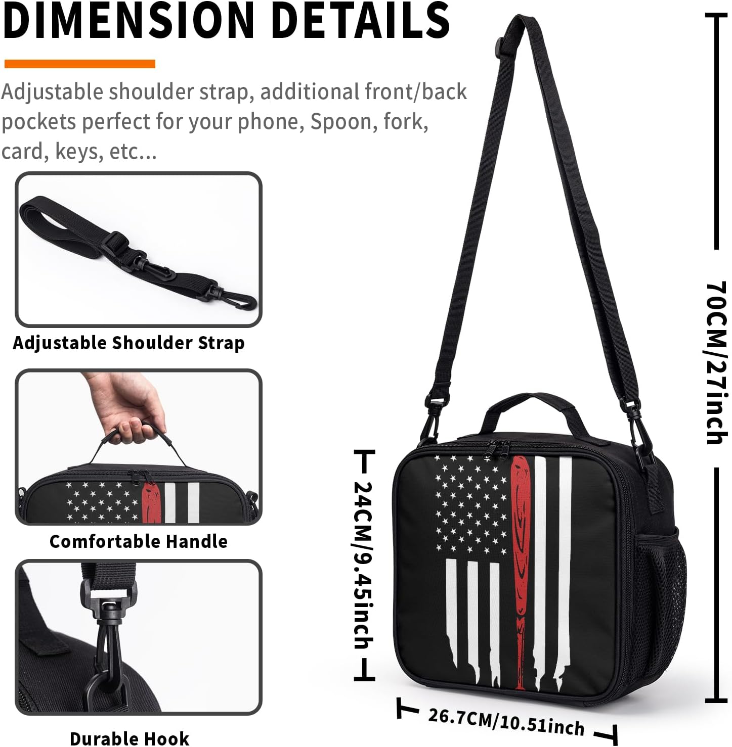 Miaoquhe Baseball American Flag Insulated Lunch Bag for Boys Girls Reusable Cooler Lunch Box Baseball Lunch Tote for Women Men Sports Lunch Box Portable USA Flag Bags for School Picnic Travel